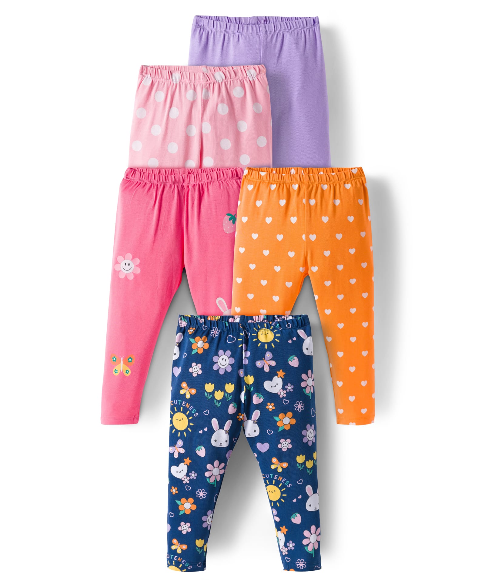 Babyhug Cotton Lycra Full Length Leggings With Stretch Polka Dots & Floral Print Pack of 5 - Navy Blue Pink & Orange-image-29