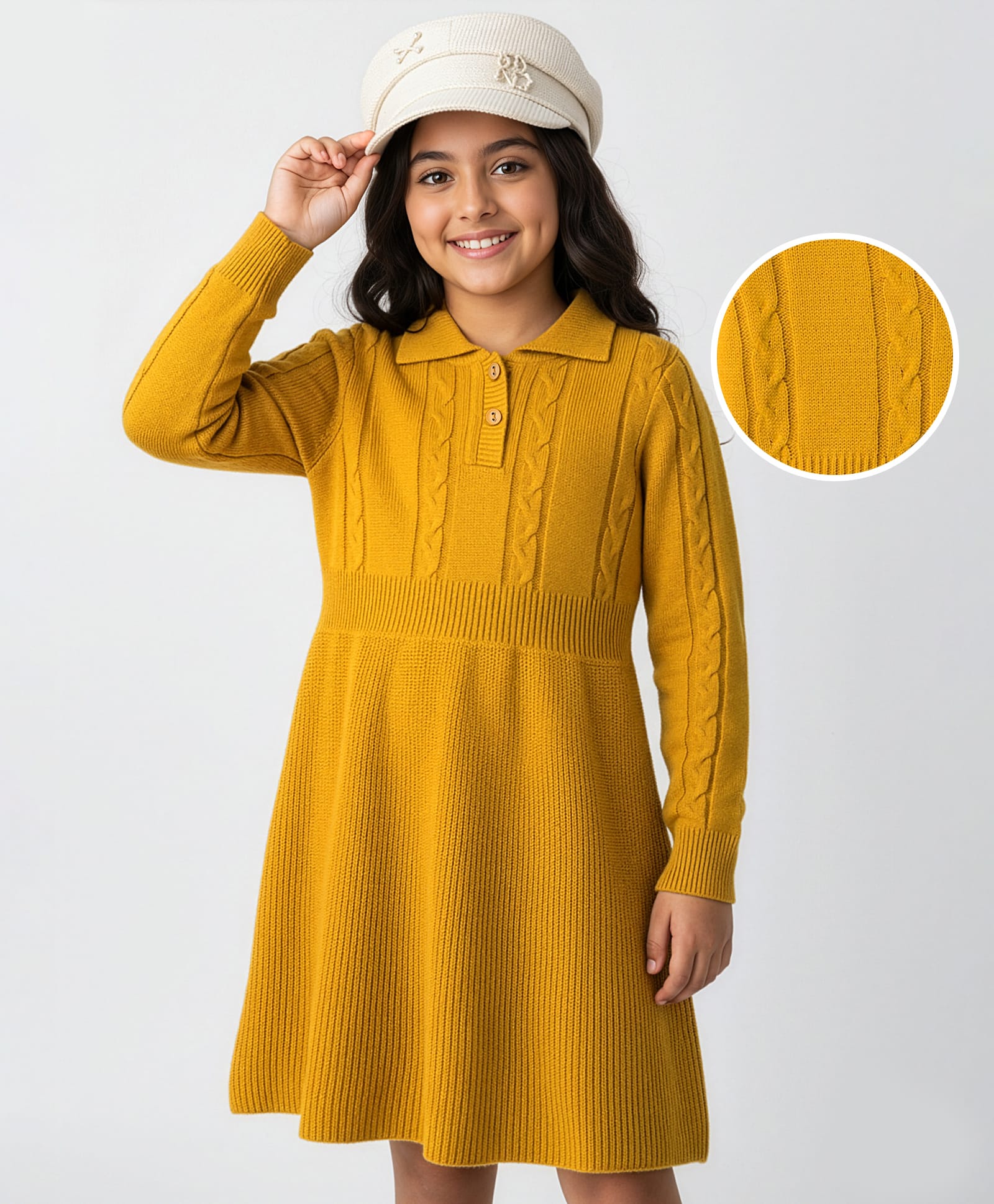 Pine Kids Knit Full Sleeves Woolen Dress with Cable Knit Design - Mustard-picture-30
