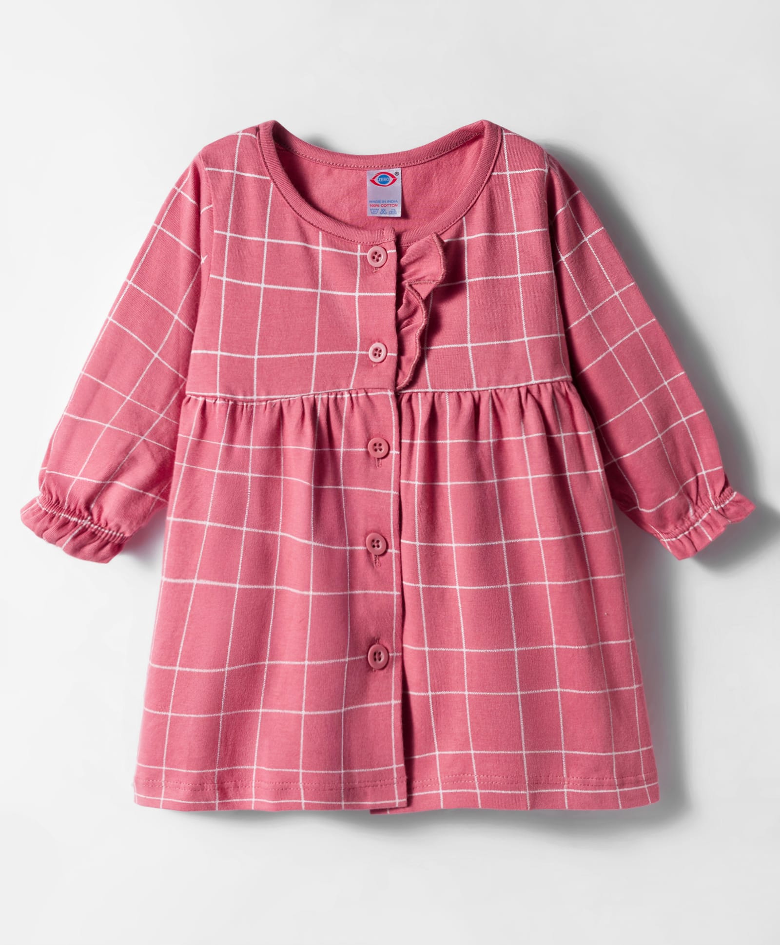 Zero Sinker Knit Full Sleeves Front Open Checked Frock - Pink-picture-43