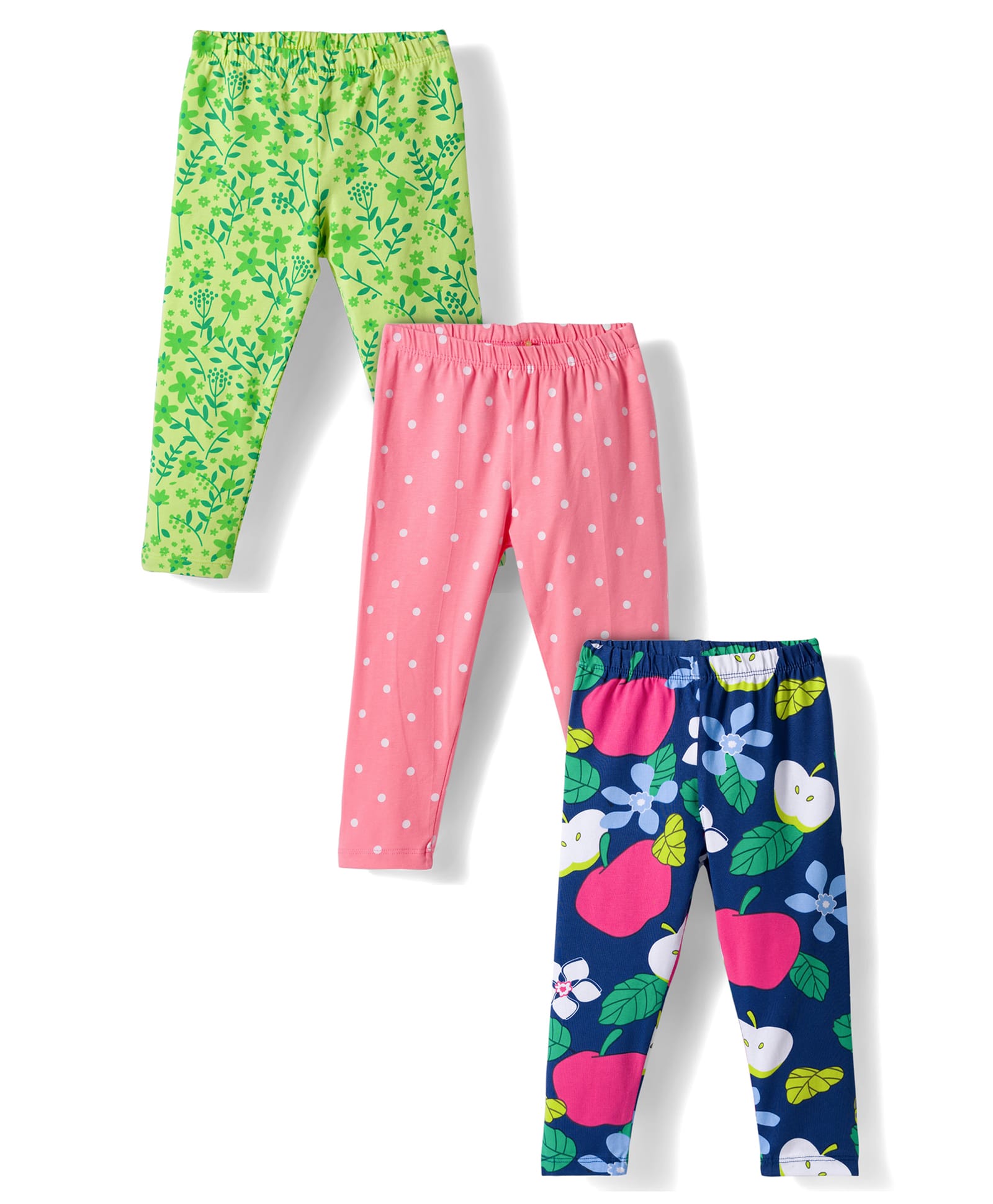 Babyhug Cotton Lycra Knit Full Length Leggings with Polka Dots Floral & Fruits Print Pack of 3 - Green Pink & Navy Blue