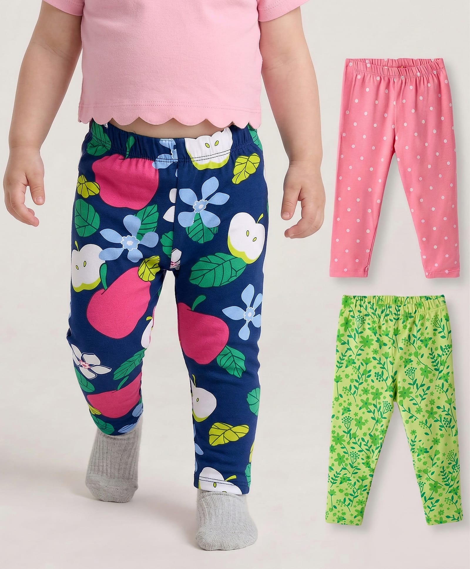 Babyhug Cotton Lycra Knit Full Length Leggings with Polka Dots Floral & Fruits Print Pack of 3 - Green Pink & Navy Blue-picture-12