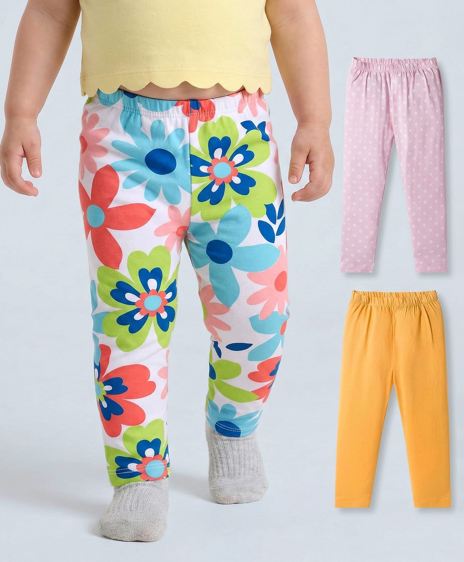Babyhug Cotton Lycra Knit Full Length Leggings with Stretch Polka Dots & Floral Print Pack of 3 - Pink & Light Orange-picture-13