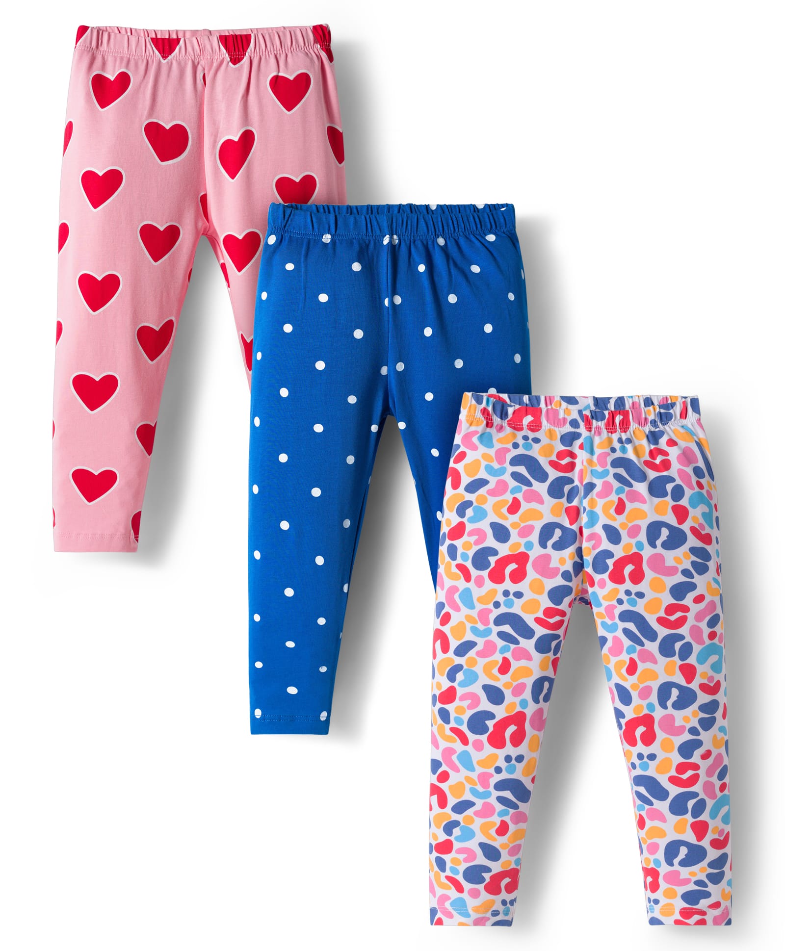 Babyhug Cotton Knit Full Length Leggings With Heart Print Pack Of 3 - Navy Blue Pink & White