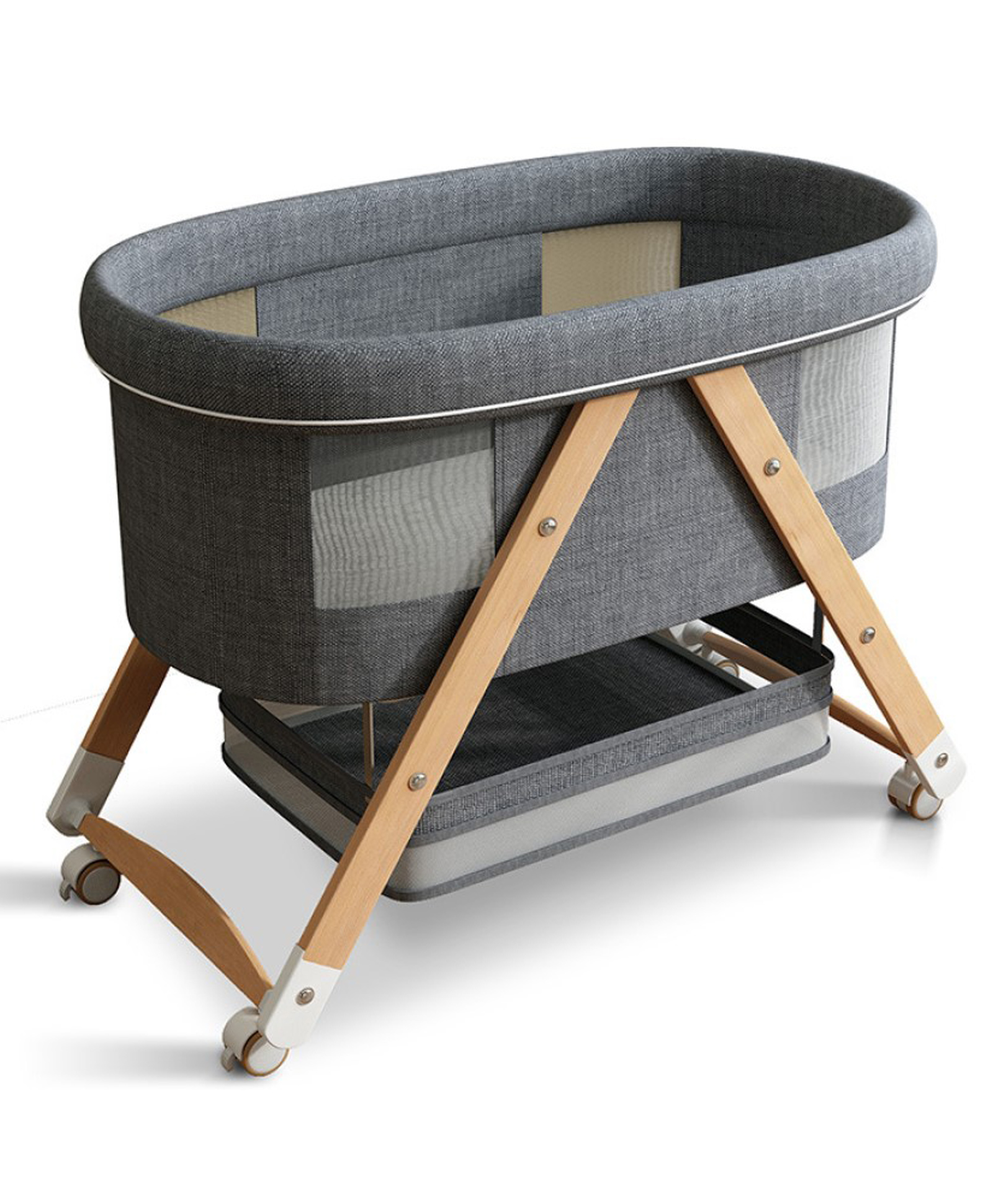 fab n funky Foldable Bassinets with Wooden Legs| Compact Fold| Wheels with Lock| New Born| Storage Basket| Premium Fabric| Mesh Panels for Ventilation - Grey-picture-31