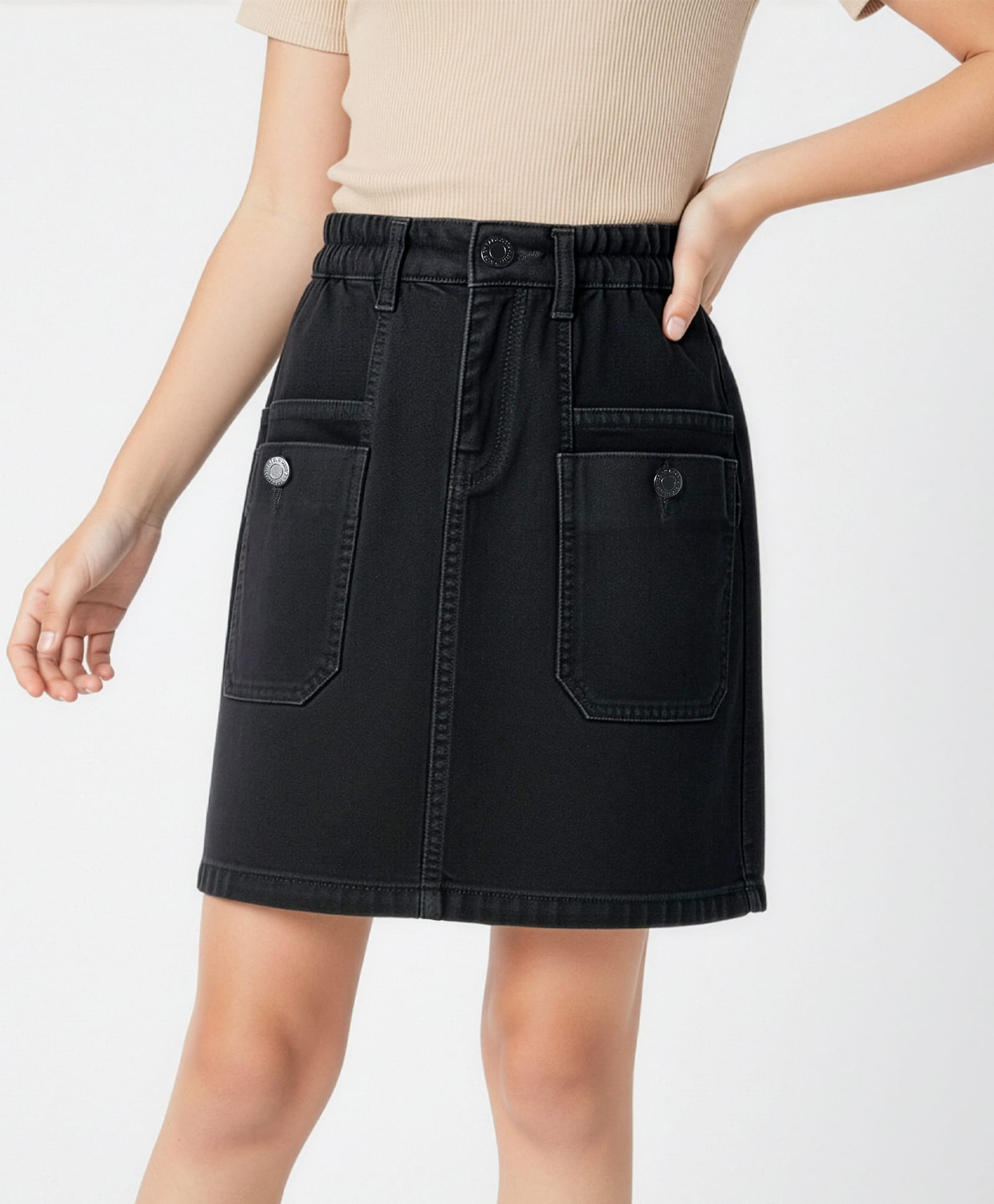 Arias Cotton Woven Denim Washed Skirt With Patch Pocket - Black-image-47