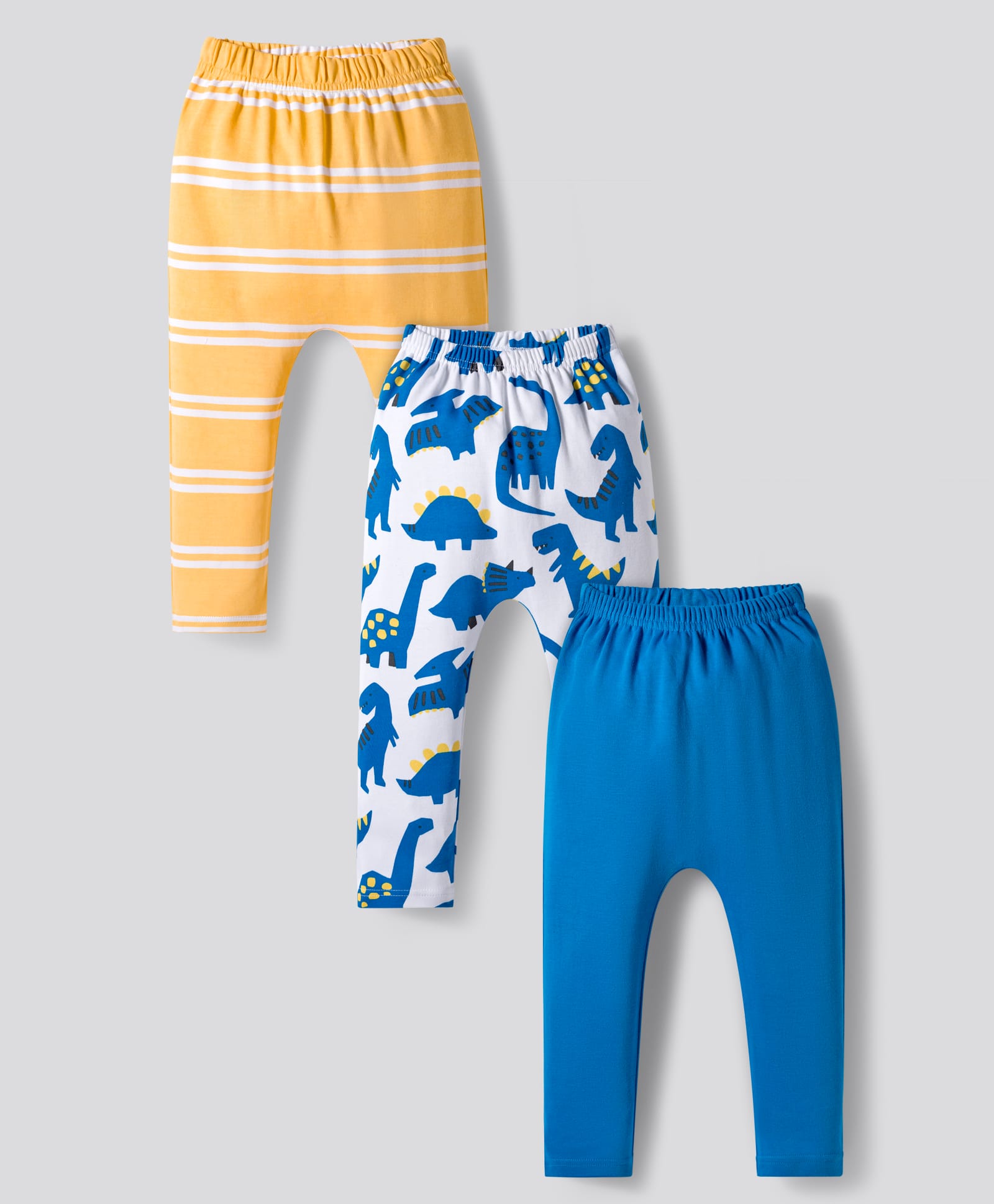 Bonfino 100% Cotton Knit Full Length Diaper Leggings with Stripes & Dino Print Pack of 3 - Yellow Blue & White-picture-26