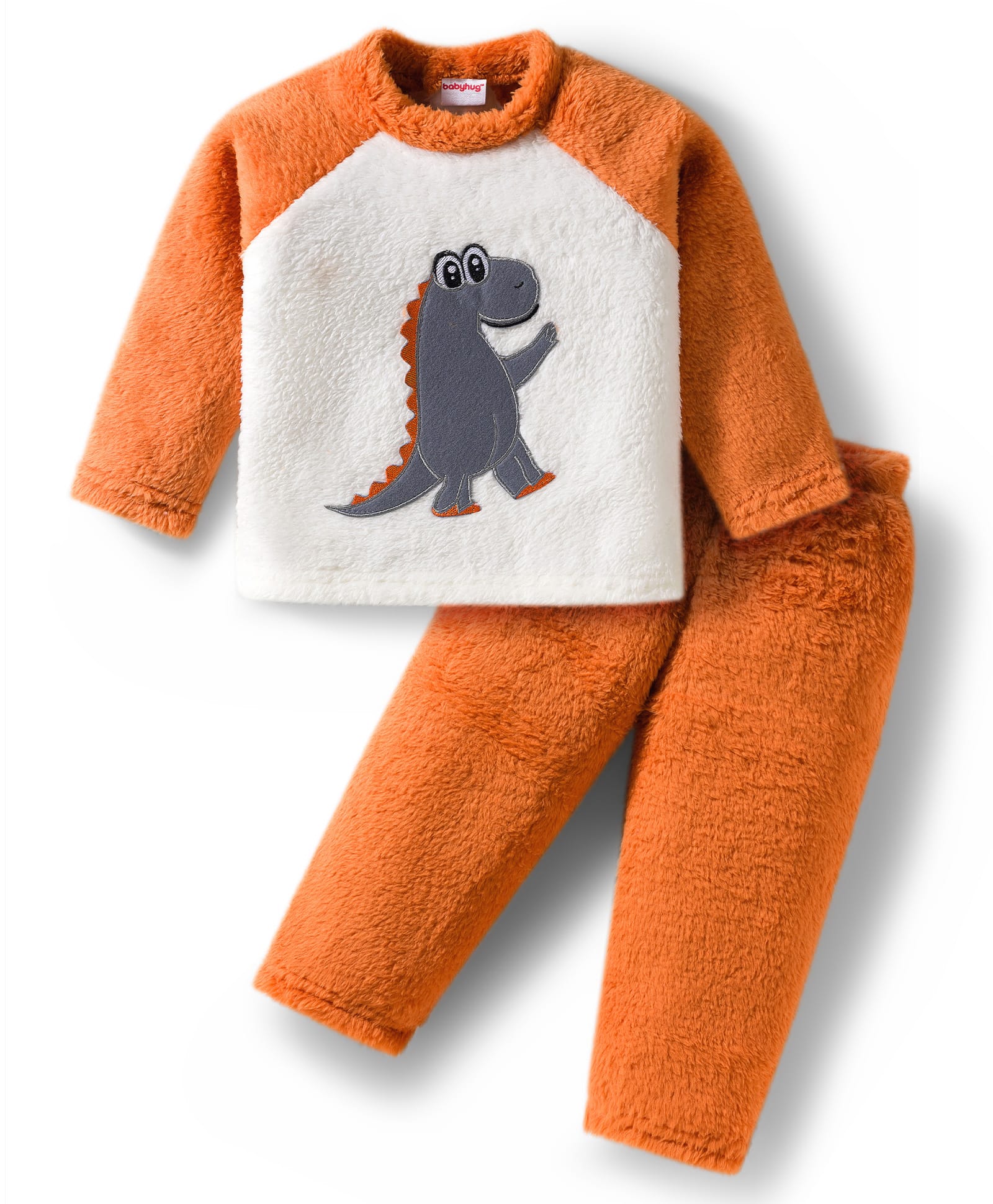 Babyhug Cotton Knit Full Raglan Sleeves Winter Wear Night Suit With Dino Print - Orange