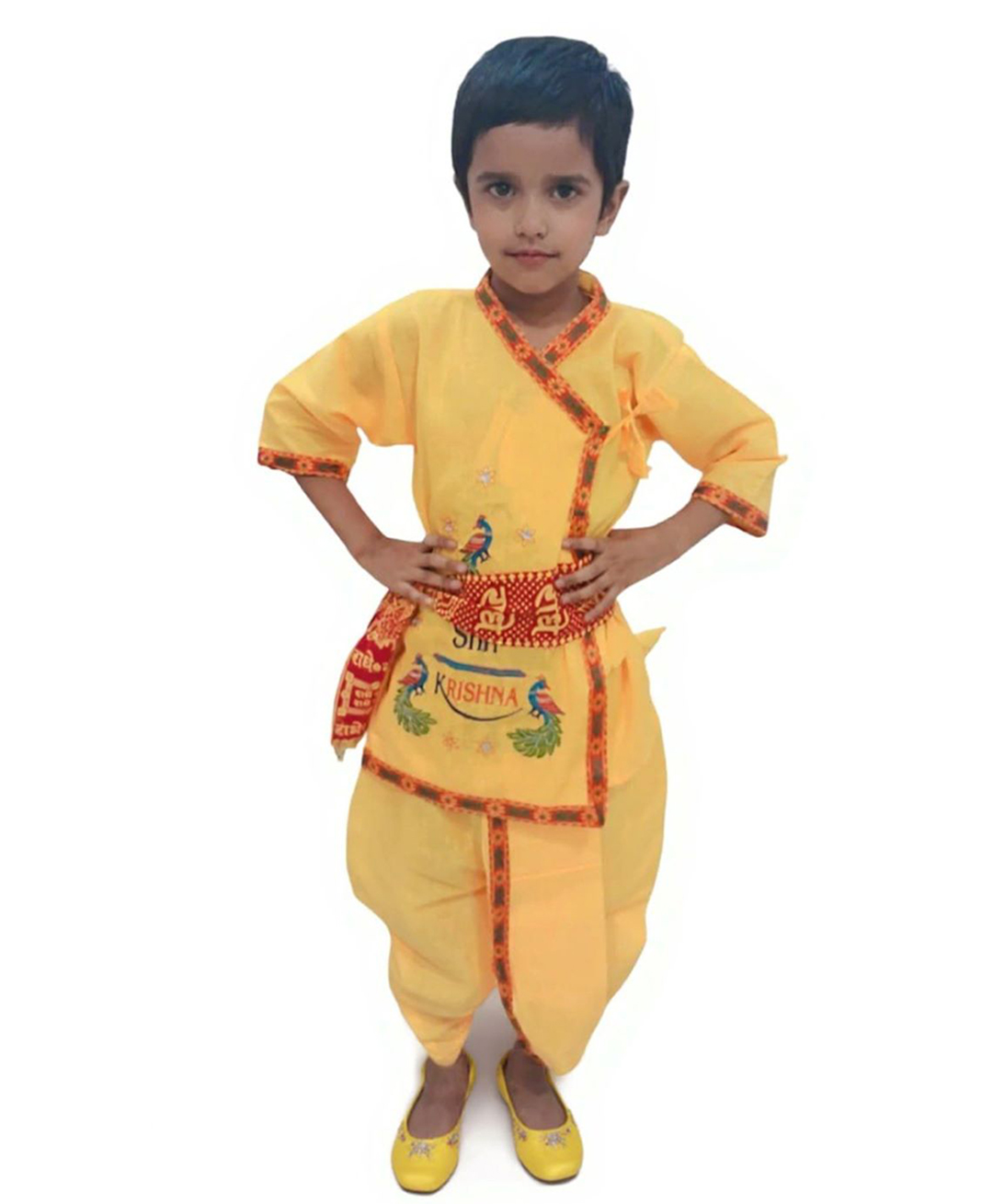 BookMyCostume Cotton Woven Janmashtami Theme Three Fourth Sleeves Lord Krishna Costume Set - Yellow