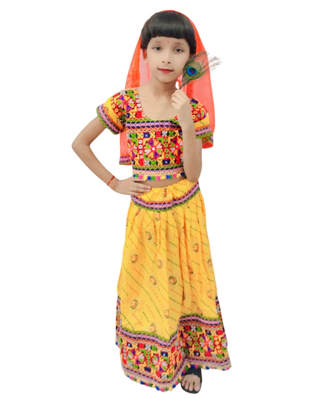 BookMyCostume Cotton Woven Janmashtami Theme Half Sleeves Radha Costume Set - Multi Colour