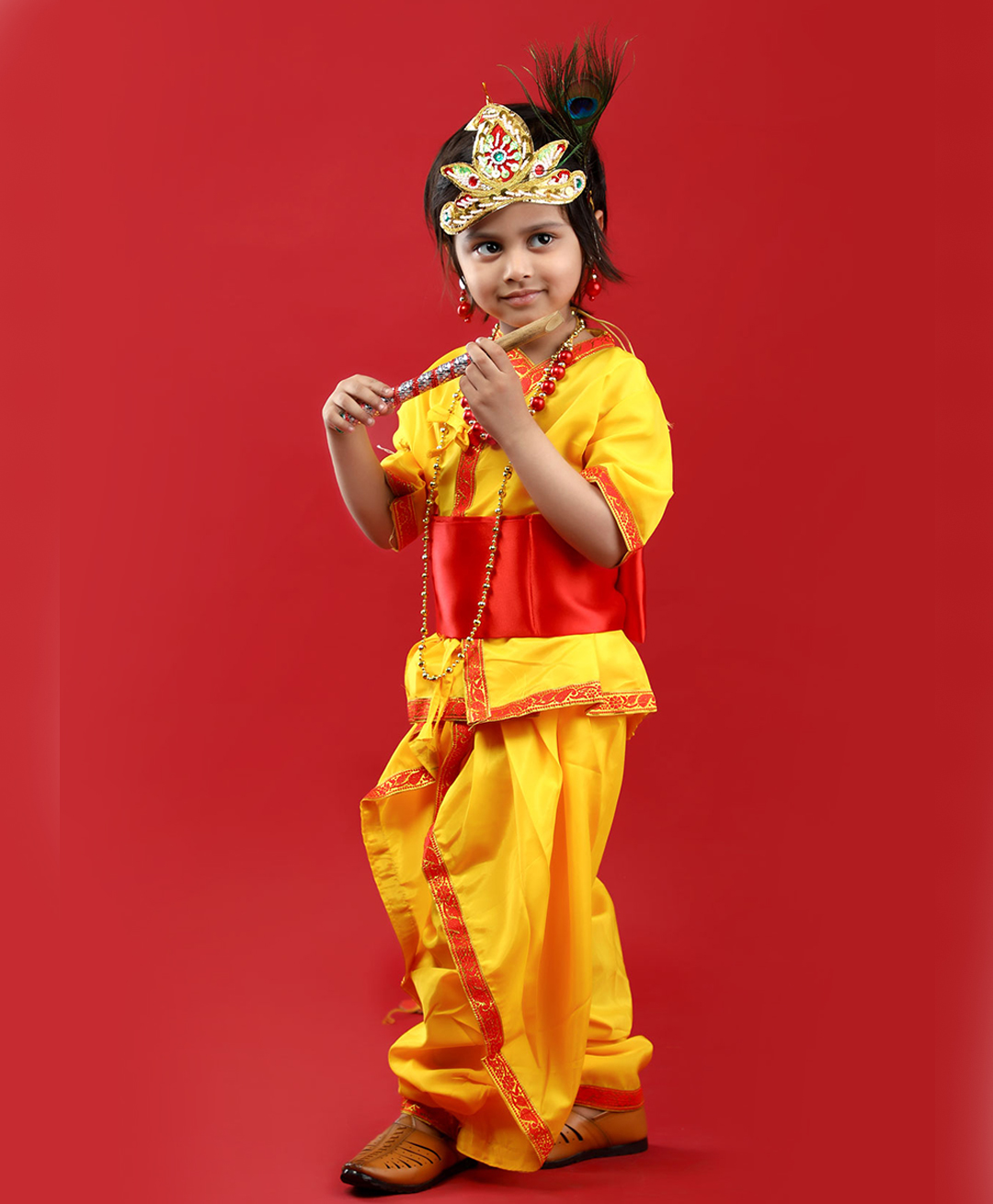 BookMyCostume Woven Janmashtami Theme Half Sleeves Lord Krishna Costume Set - Yellow & Red