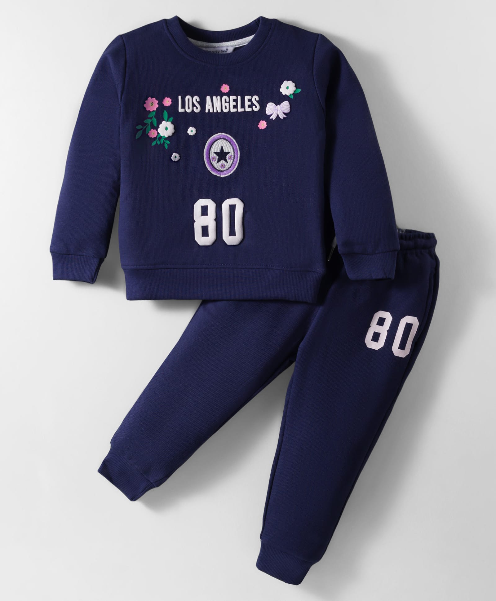 Smarty Girls Fleece Knit Full Sleeves Winter Wear T-Shirt & Lounge Pant Set With Floral & Text Embroidery - Navy Blue-image-48