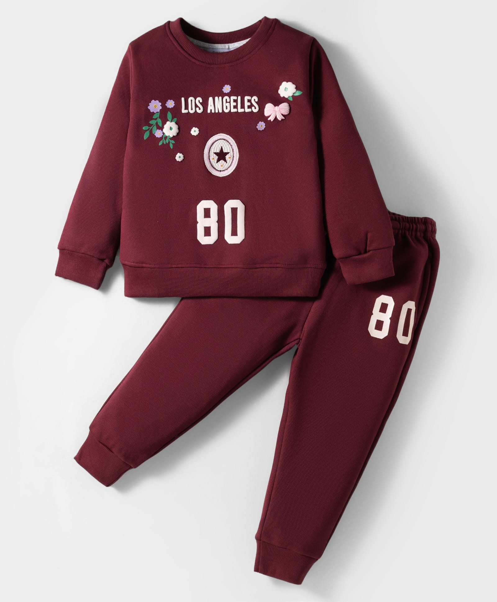 Smarty Girls Fleece Knit Full Sleeves Winter Wear T-Shirt & Lounge Pant Set With Floral & Text Embroidery - Maroon-image-31