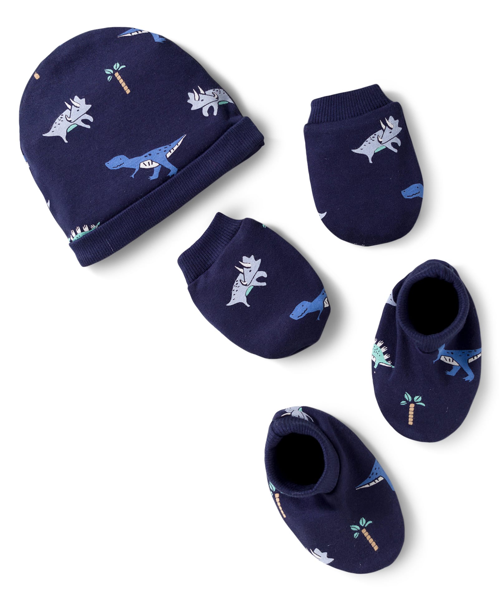 Bonfino 100% Cotton Knit Dino Printed Cap Mittens & Booties Navy Blue - Diameter 10.5 cm-picture-46