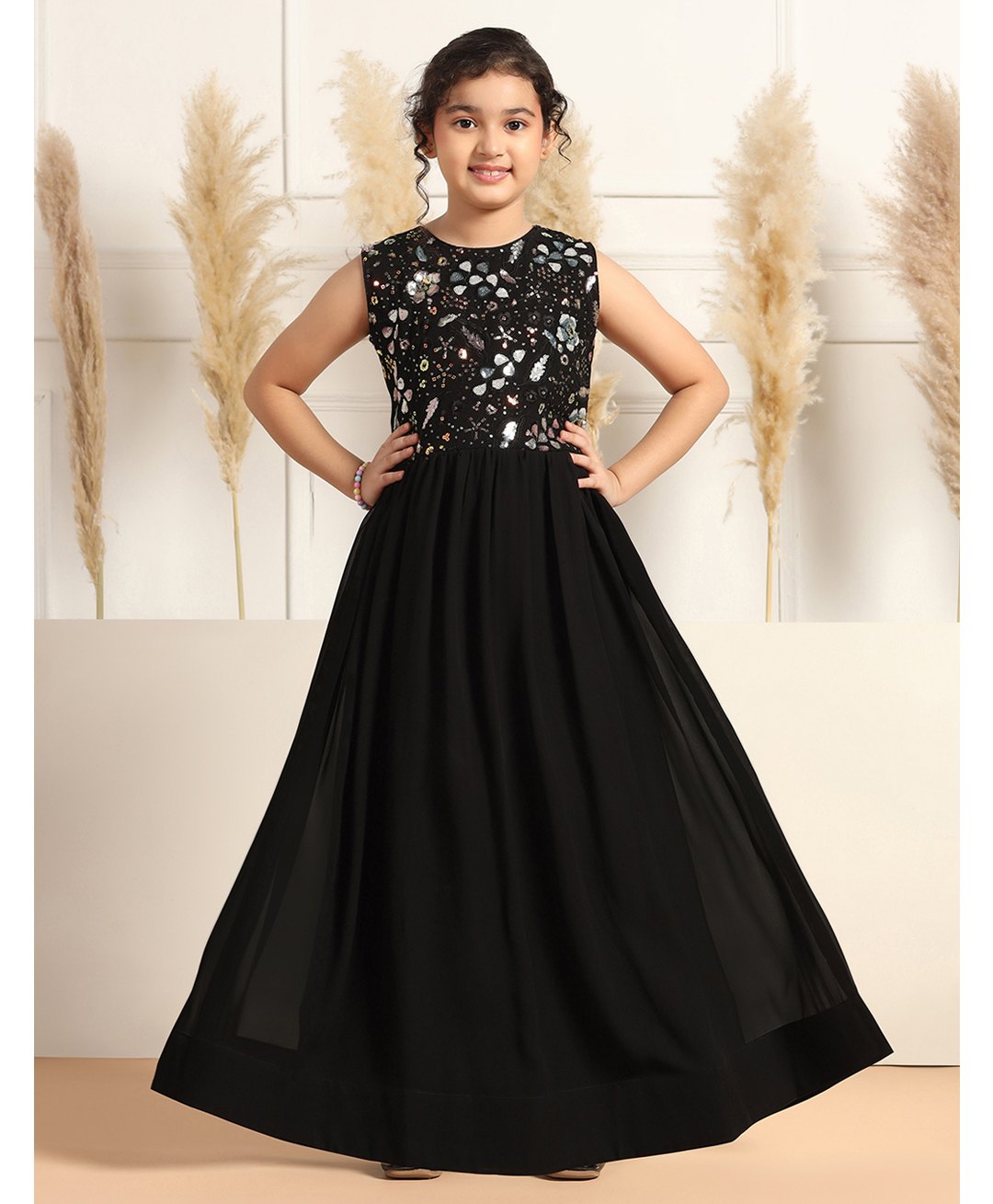 Fashion Dream Georgette Woven Sleeveless Floral Embroidered Sequins Embellished Gown - Black