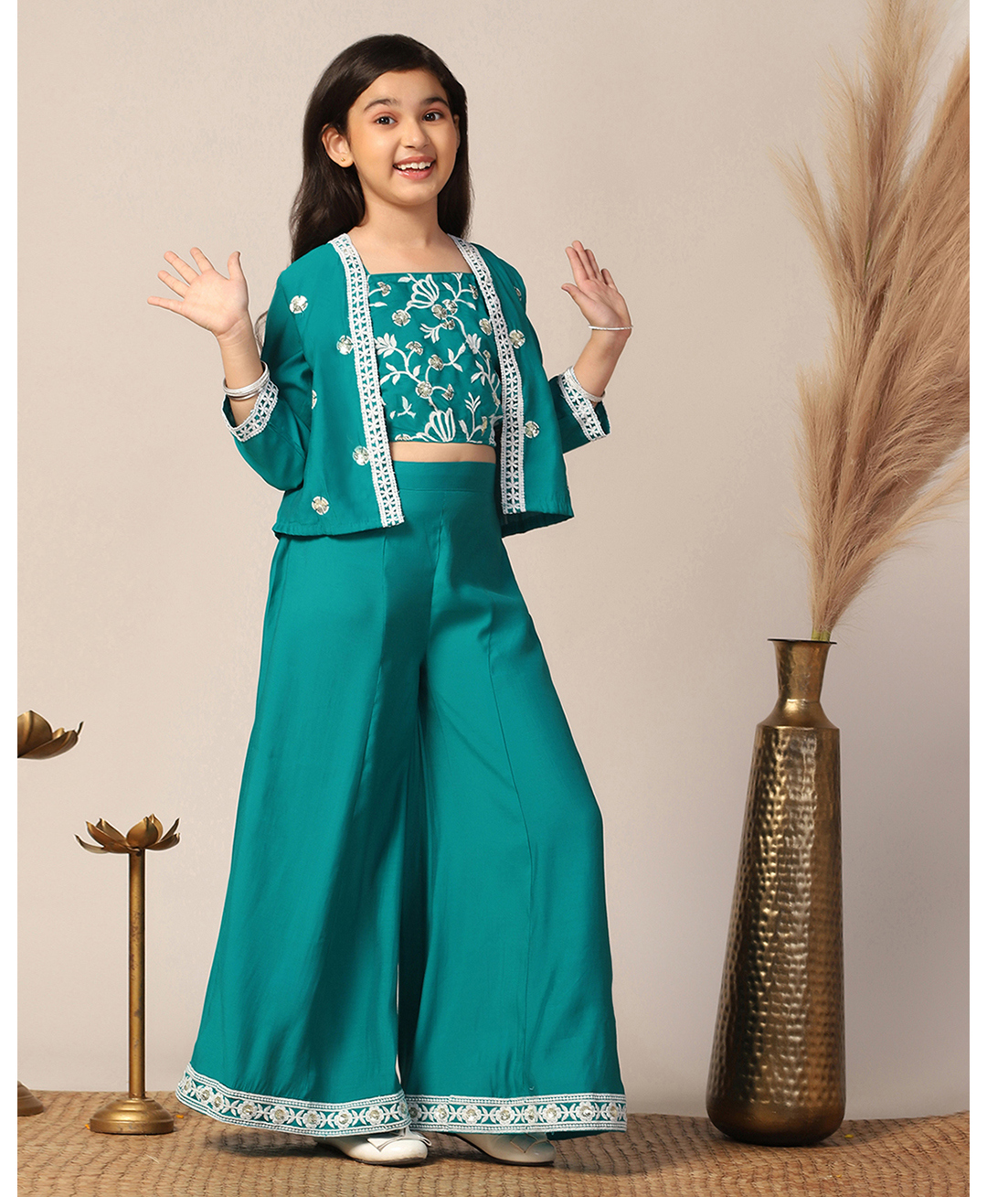 Fashion Dream Silk Woven Floral Embroidered Sequins Embellished Top & Palazzo With Three Fourth Sleeves Jacket Set - Teal-image-41