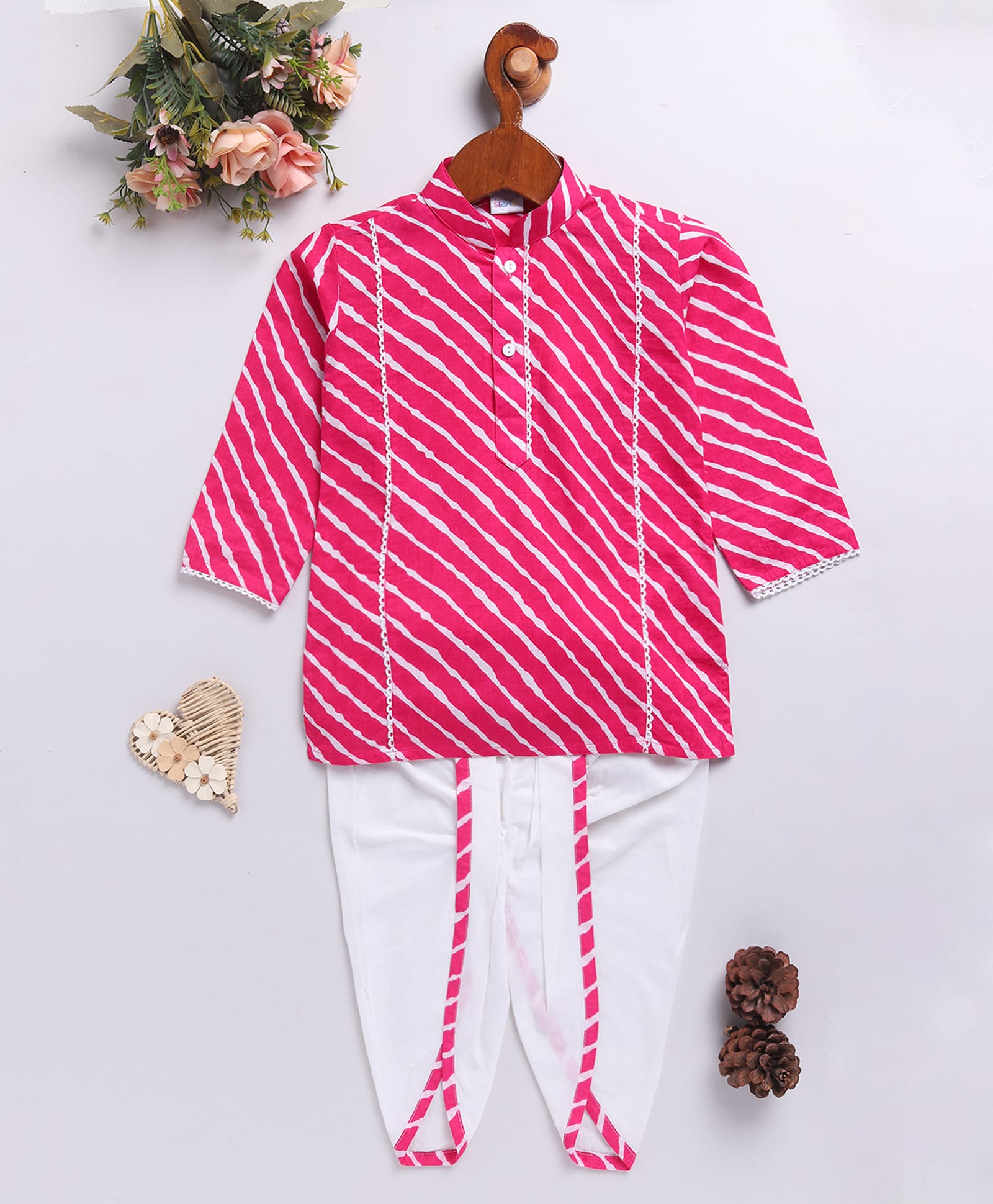Vastramay Cotton Woven Full Sleeves Leheriya Printed Lace Detailed Dhoti Kurta Set - Pink-image-43