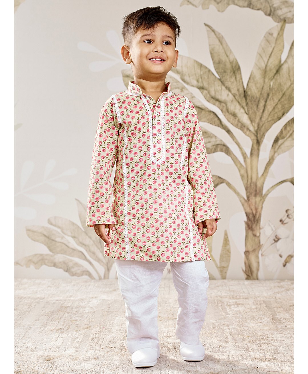 Vastramay Cotton Woven Full Sleeves Floral Printed Lace Detailed Kurta Pyjama Set - Multi Colour-image-24