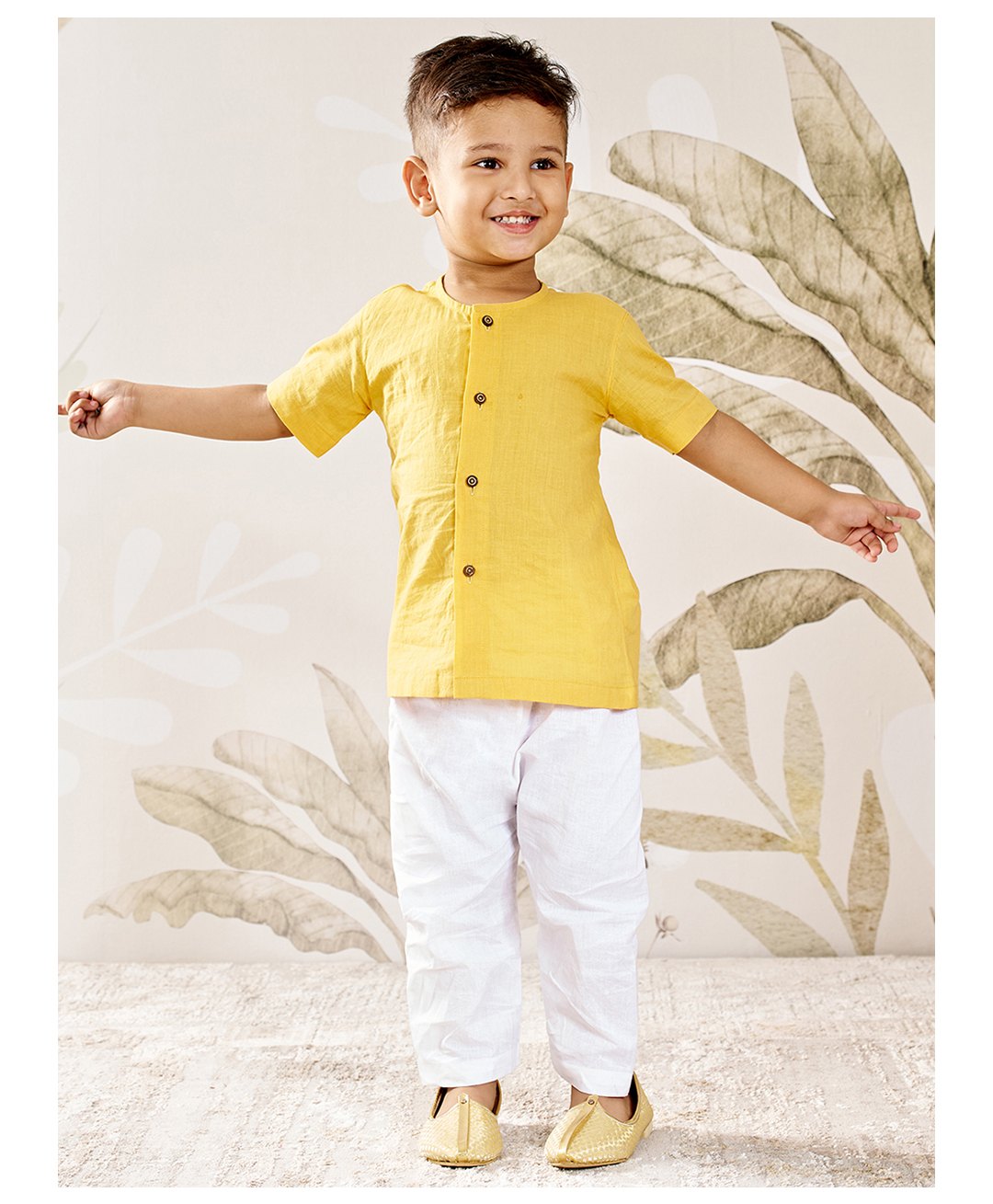 Vastramay Cotton Woven Half Sleeves Solid Kurta Pyjama Set - Mustard-image-12