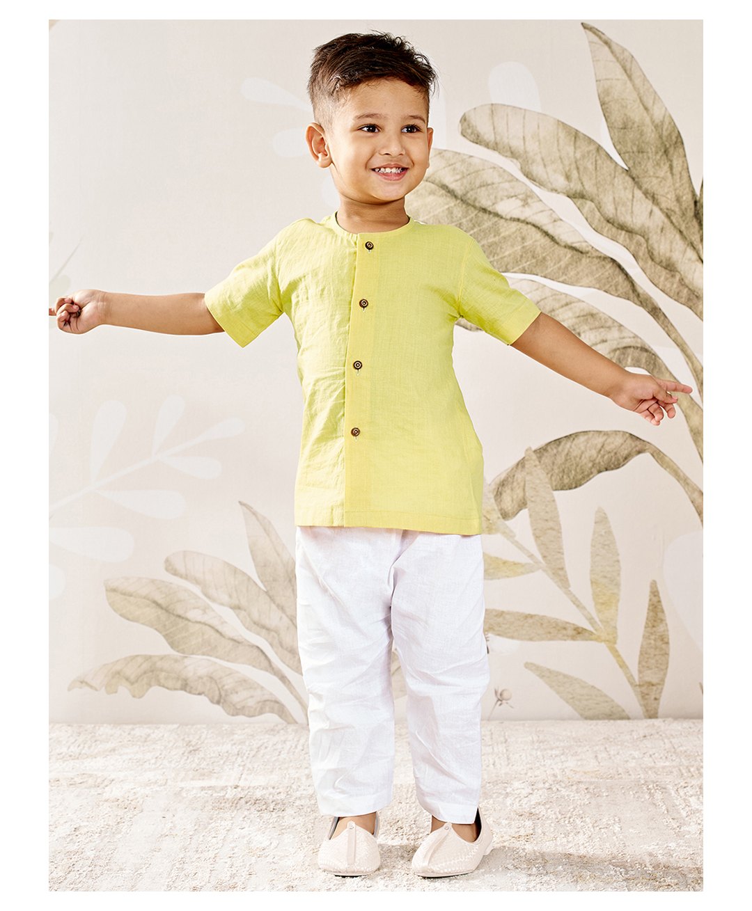 Vastramay Cotton Woven Half Sleeves Solid Kurta Pyjama Set - Yellow-image-3