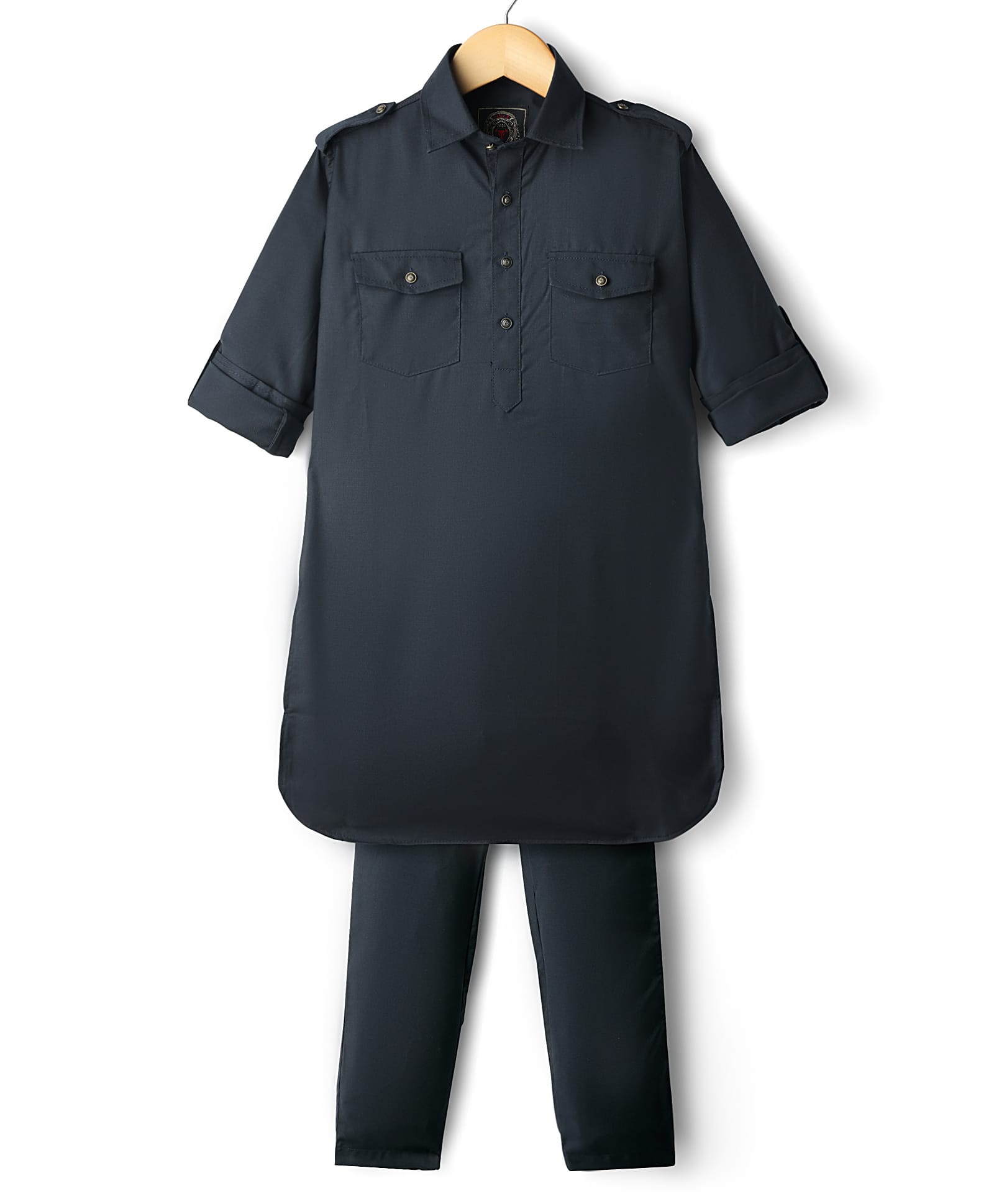 Little Bull Full Sleeves Solid Pathani Style Kurta & Pyjama Set - Blue-picture-25