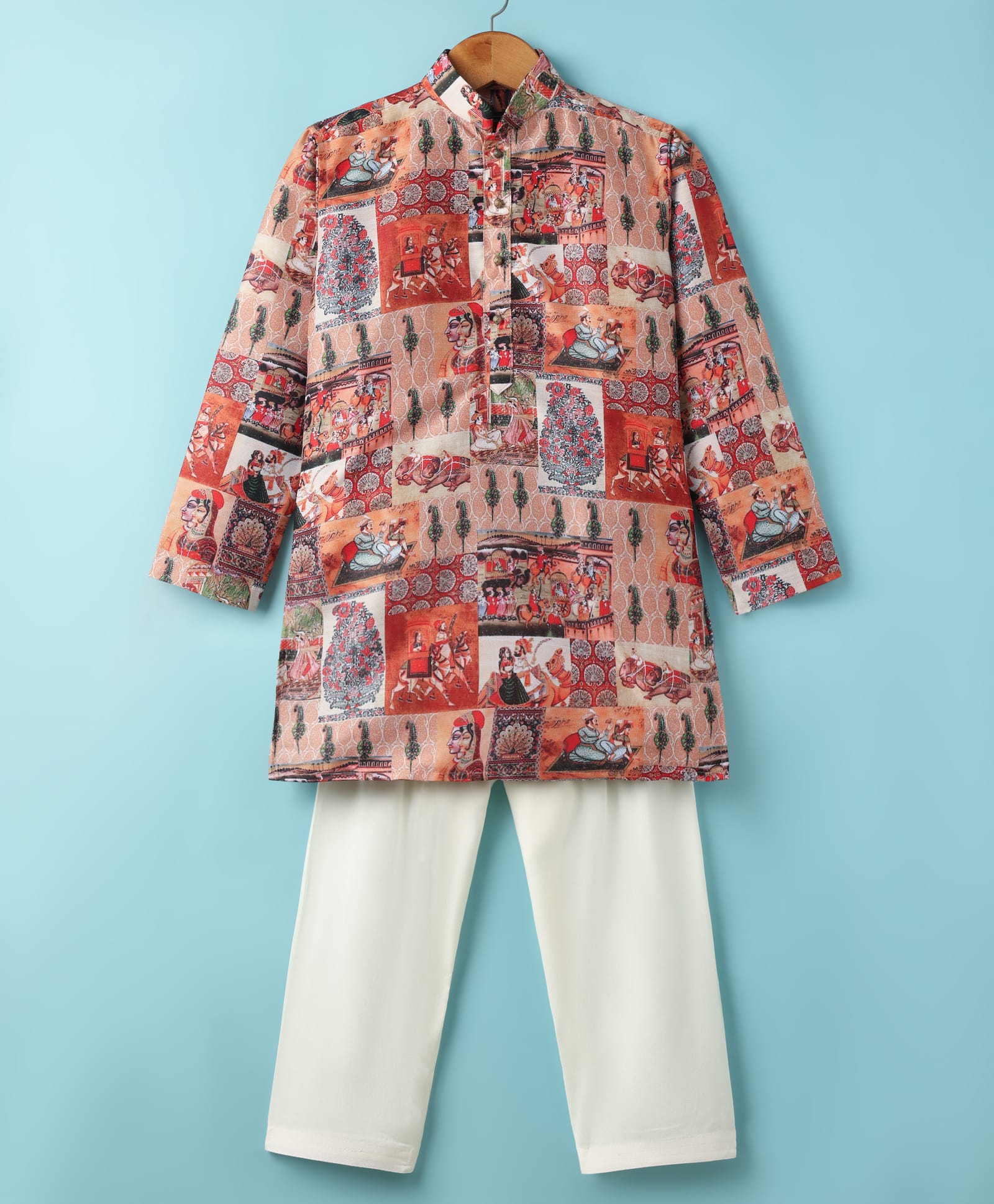 Little Bull Full Sleeves Mughal Printed Kurta & Pyjama Set - Multi Colour-picture-22