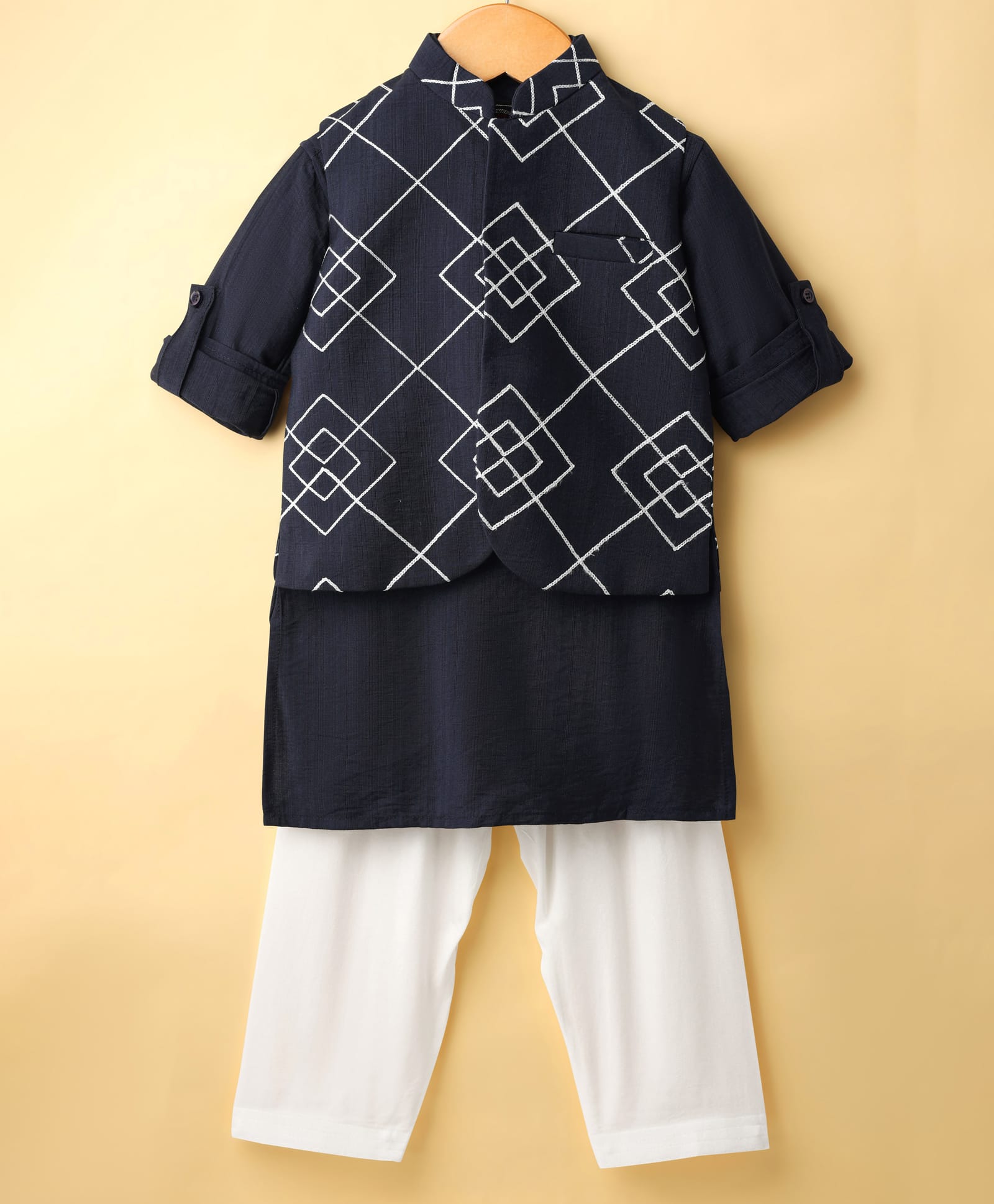 Little Bull Full Sleeves Solid Kurta & Pyjama With Abstract Embroidered Waistcoat Set - Black-picture-22