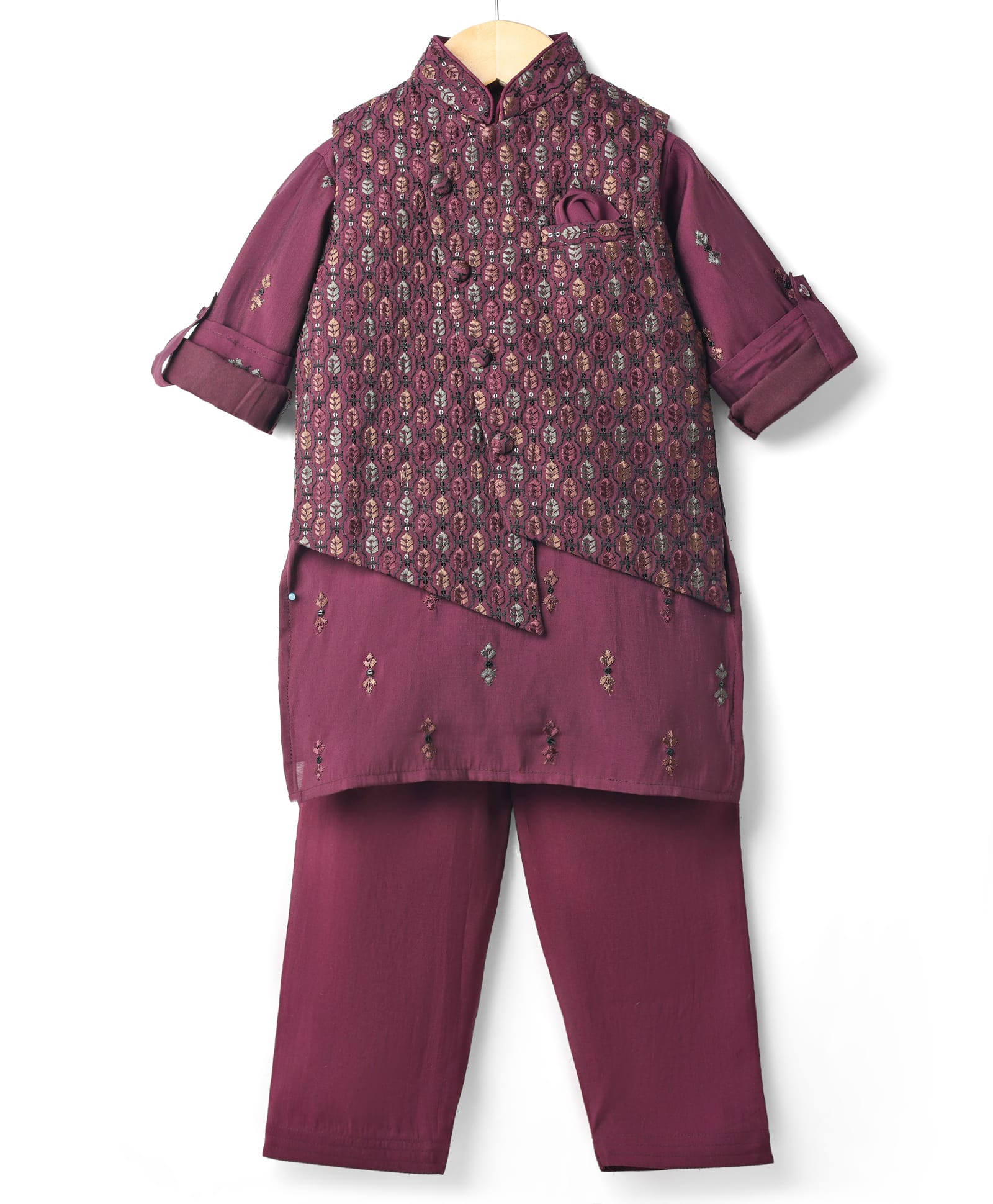 Little Bull Full Sleeves Floral Embroidered & Sequins Embellished Kurta Pyjama With Waistcoat Set - Maroon-picture-11