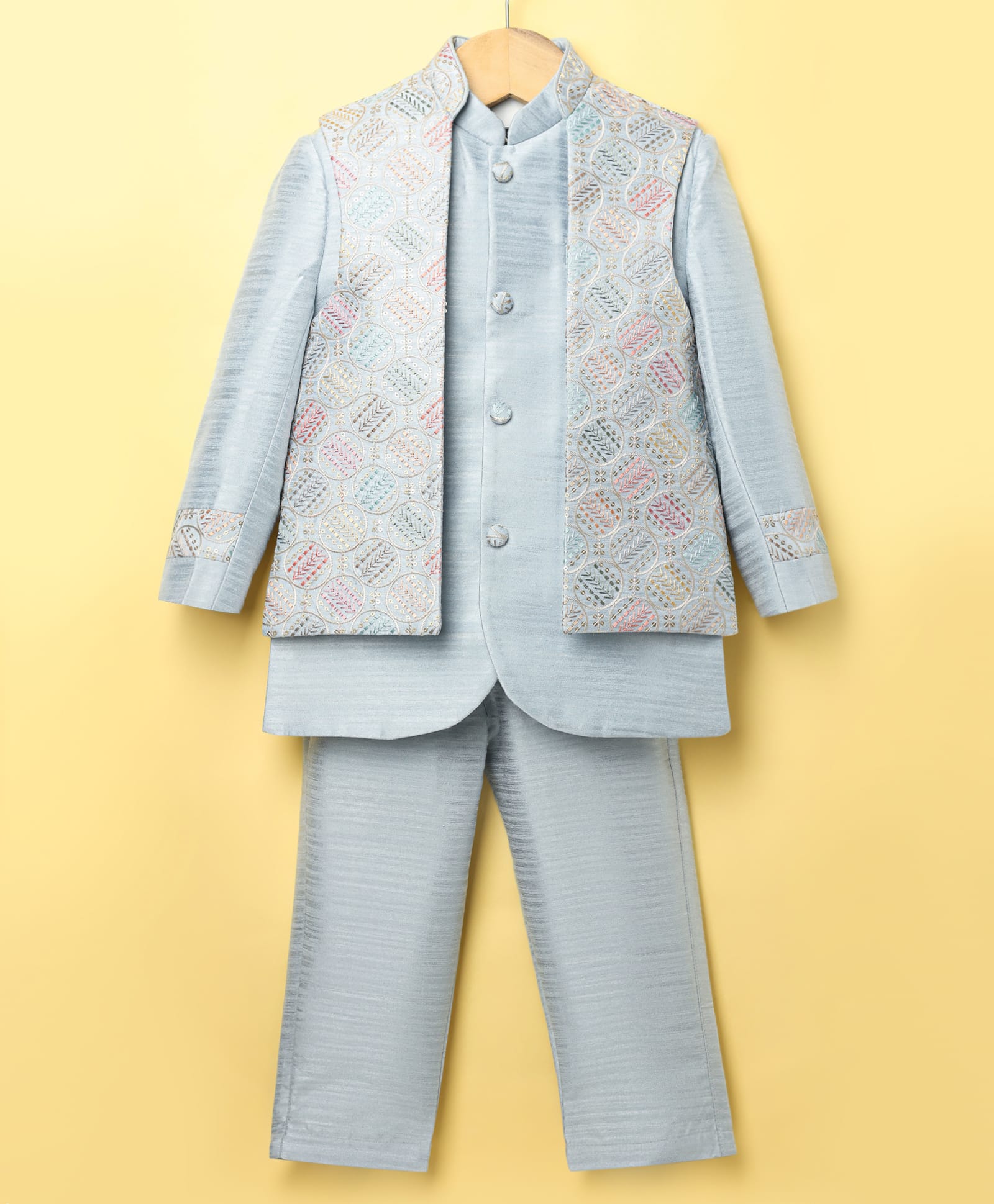 Little Bull Full Sleeves Solid Kurta & Pyjama With Abstract Embroidered Waistcoat Set - Grey-picture-15