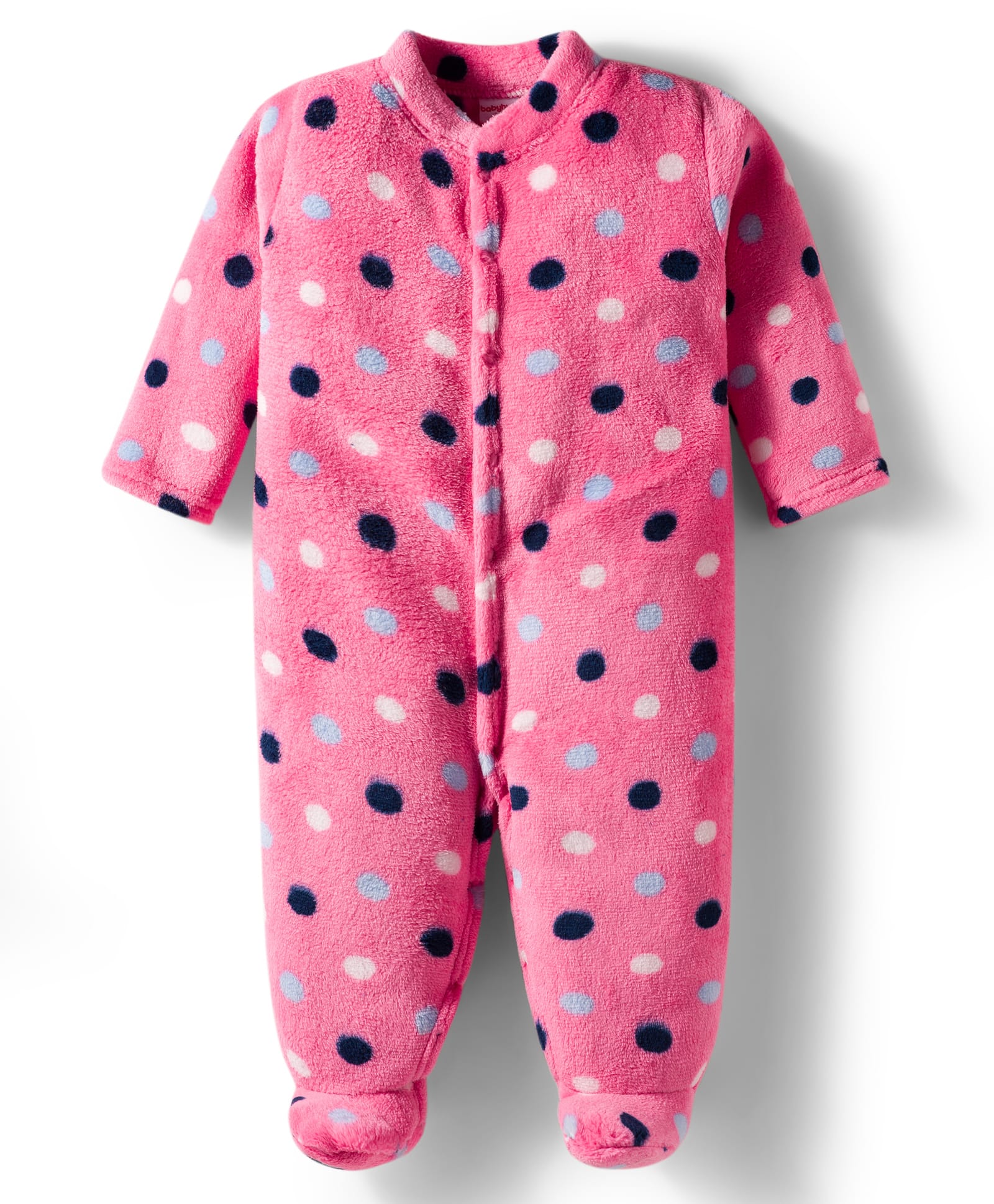 Babyhug Velour Knit Full Sleeves Footed Velour Winter Sleep Suit with Polka Dot Print - Pink-image-22