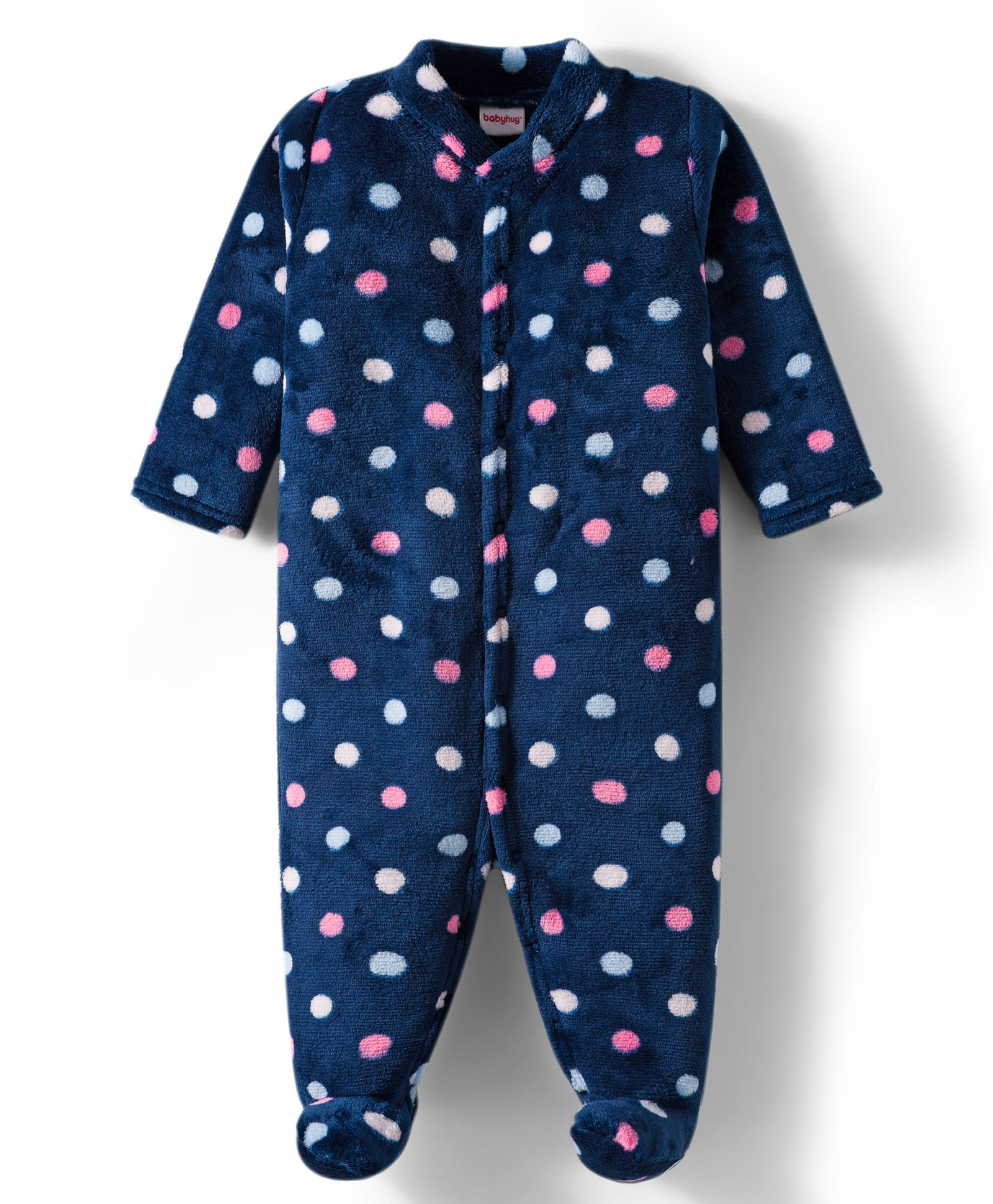 Babyhug Velour Knit Full Sleeves Footed Velour Winter Sleep Suit with Polka Dot Print - Navy Blue