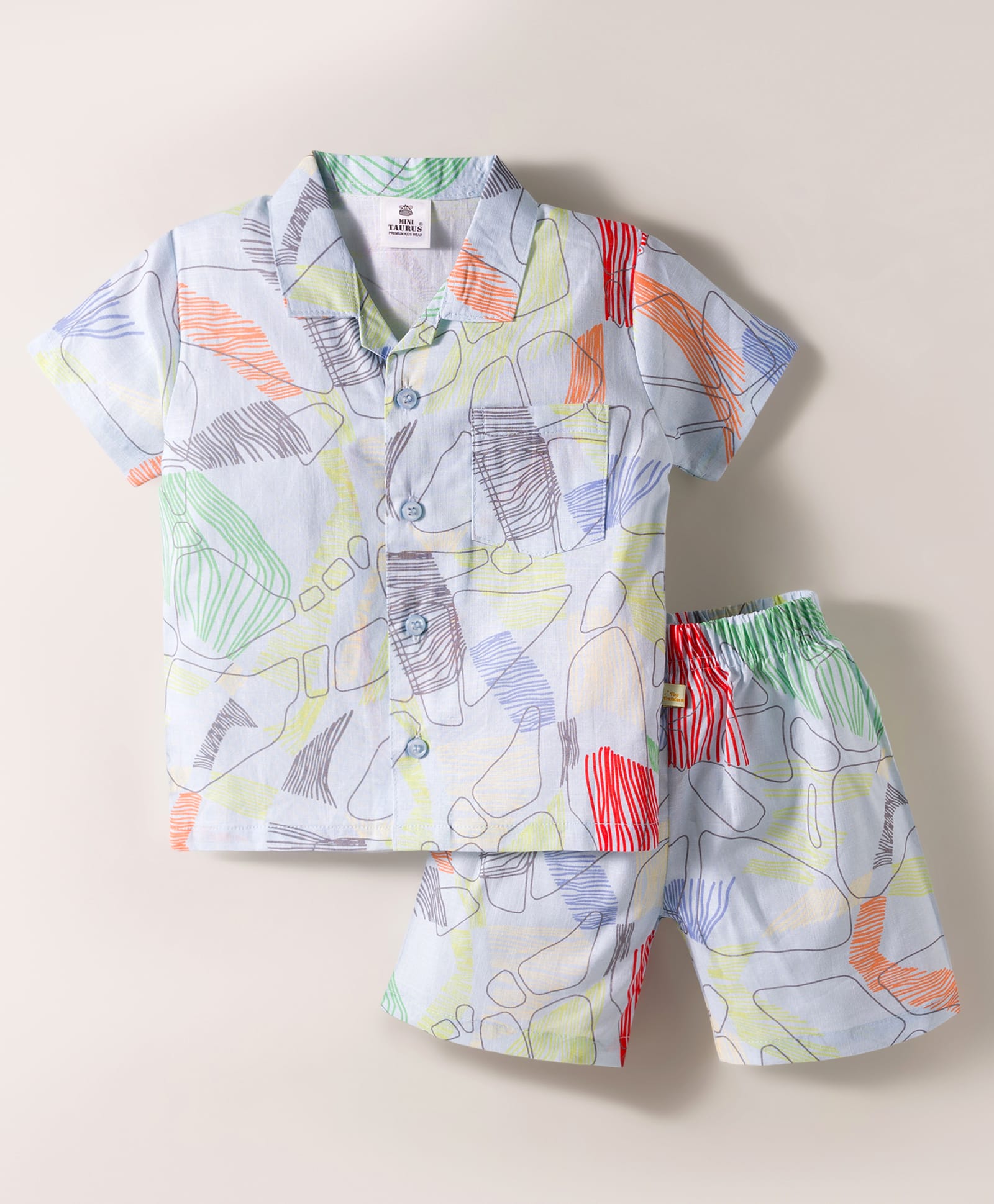 Mini Taurus Cotton Woven Half Sleeves Co-ords Shorts Night Suit With Abstract Print - White-picture-13