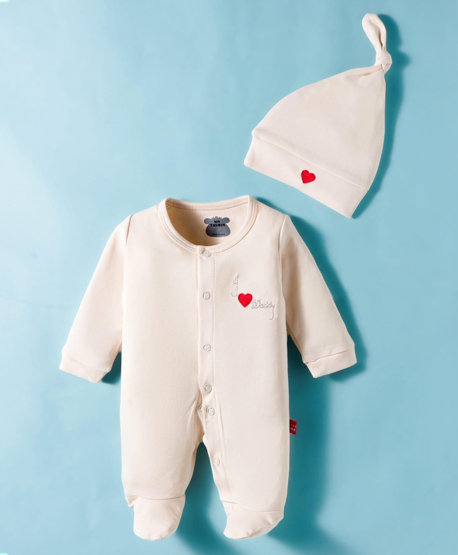 Mini Taurus Interlock Knit Full Sleeves Footed Sleep Suit With Cap and Heart Embroidery - Beige-picture-11