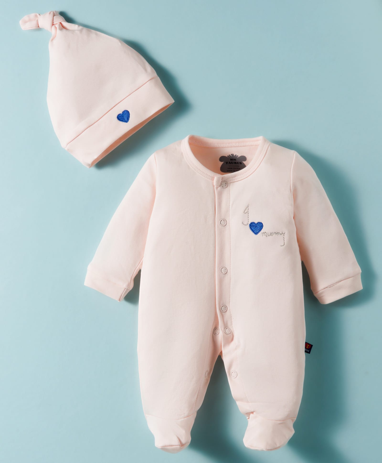 Mini Taurus Interlock Knit Full Sleeves Footed Sleep Suit With Cap and Heart Embroidery - Pink-picture-39