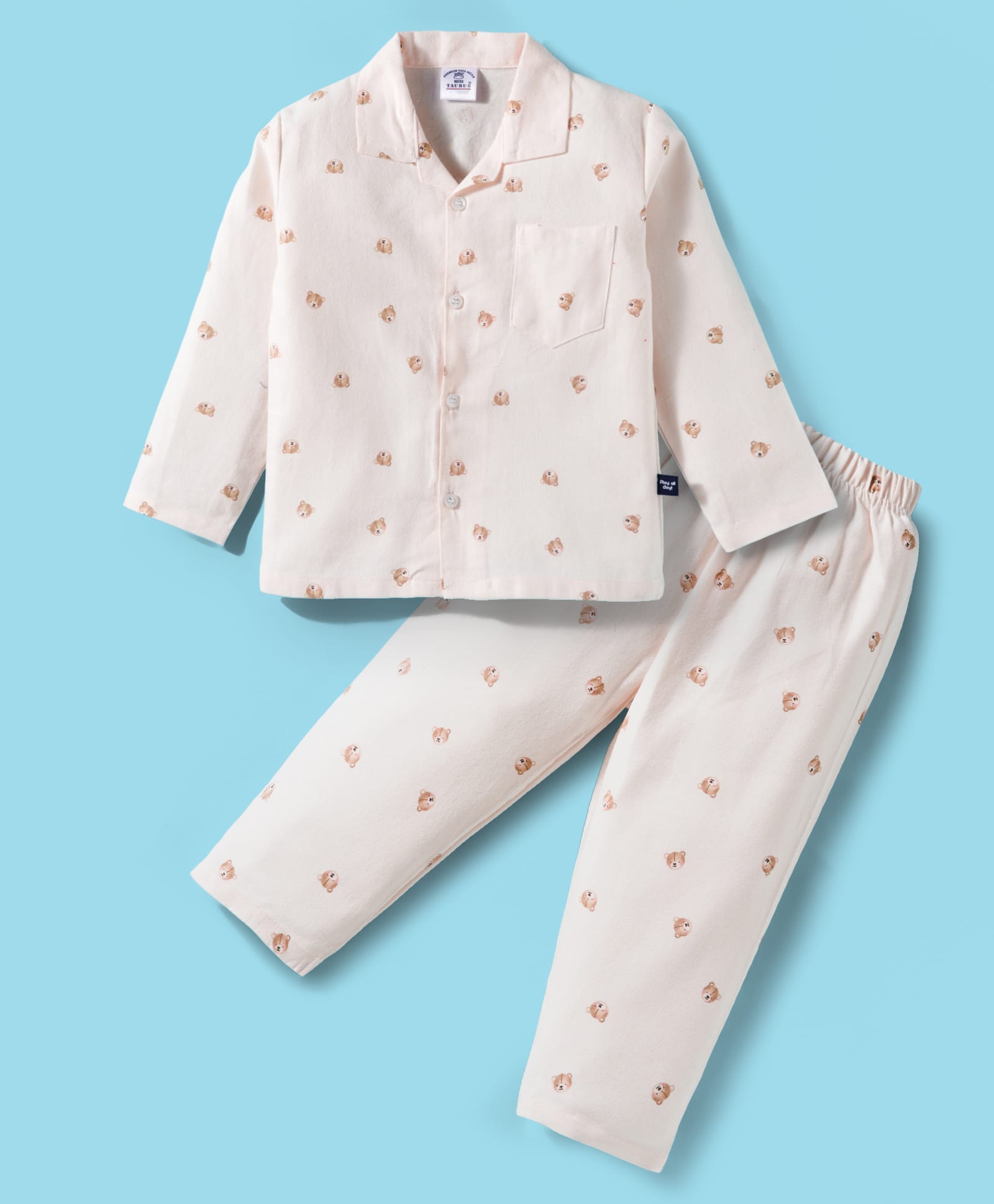 Mini Taurus Cotton Woven Full Sleeves Co-ord Night Suit With Teddy Print - Peach-image-25