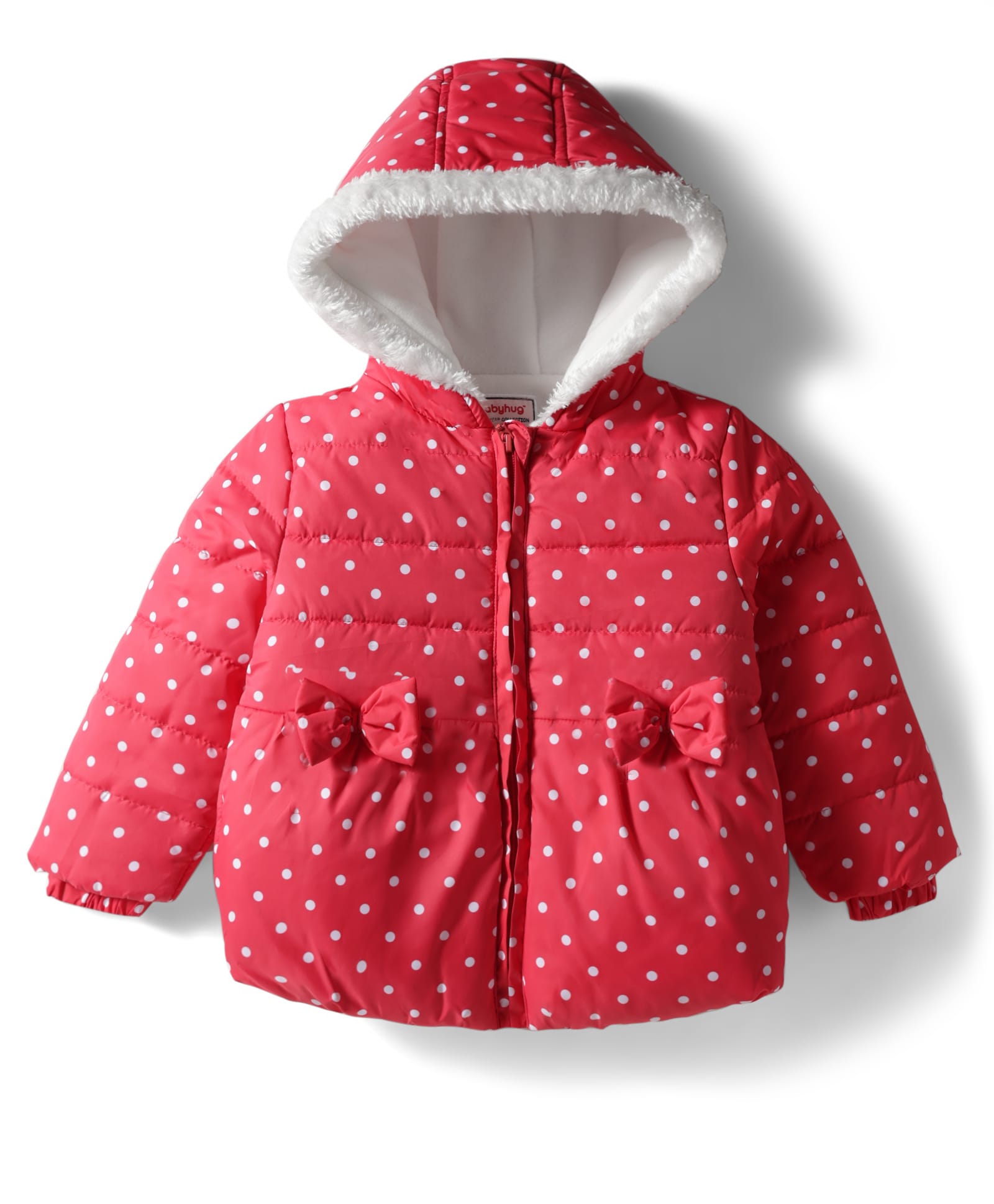 Babyhug Woven Full Sleeves Hooded Padded Jacket With Polka Dot Print & Bow Applique - Red-image-46