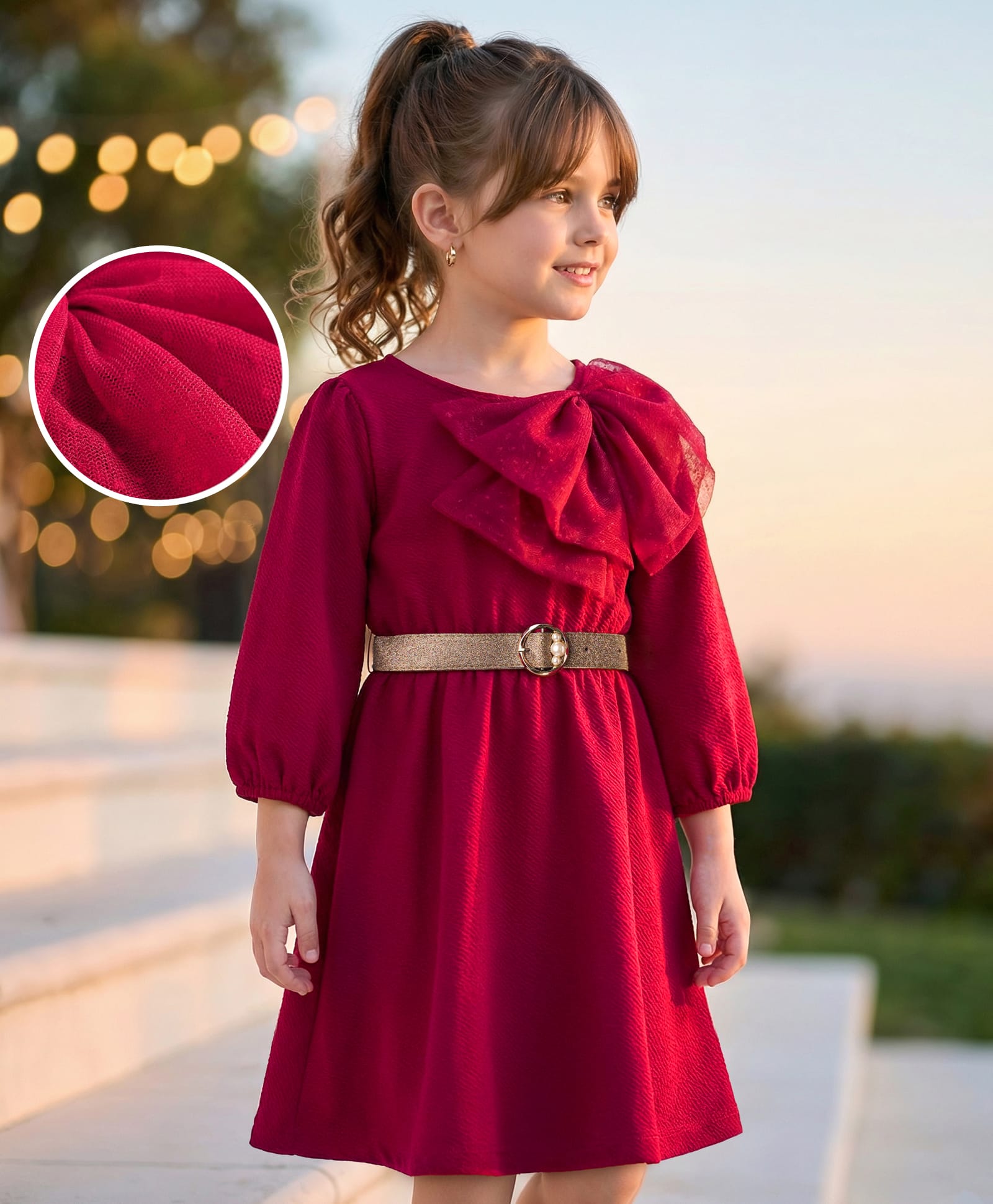 Hola Bonita Knit Half Sleeves Textured Fabric Knee Length Solid Color Dress With Belt - Maroon-image-10