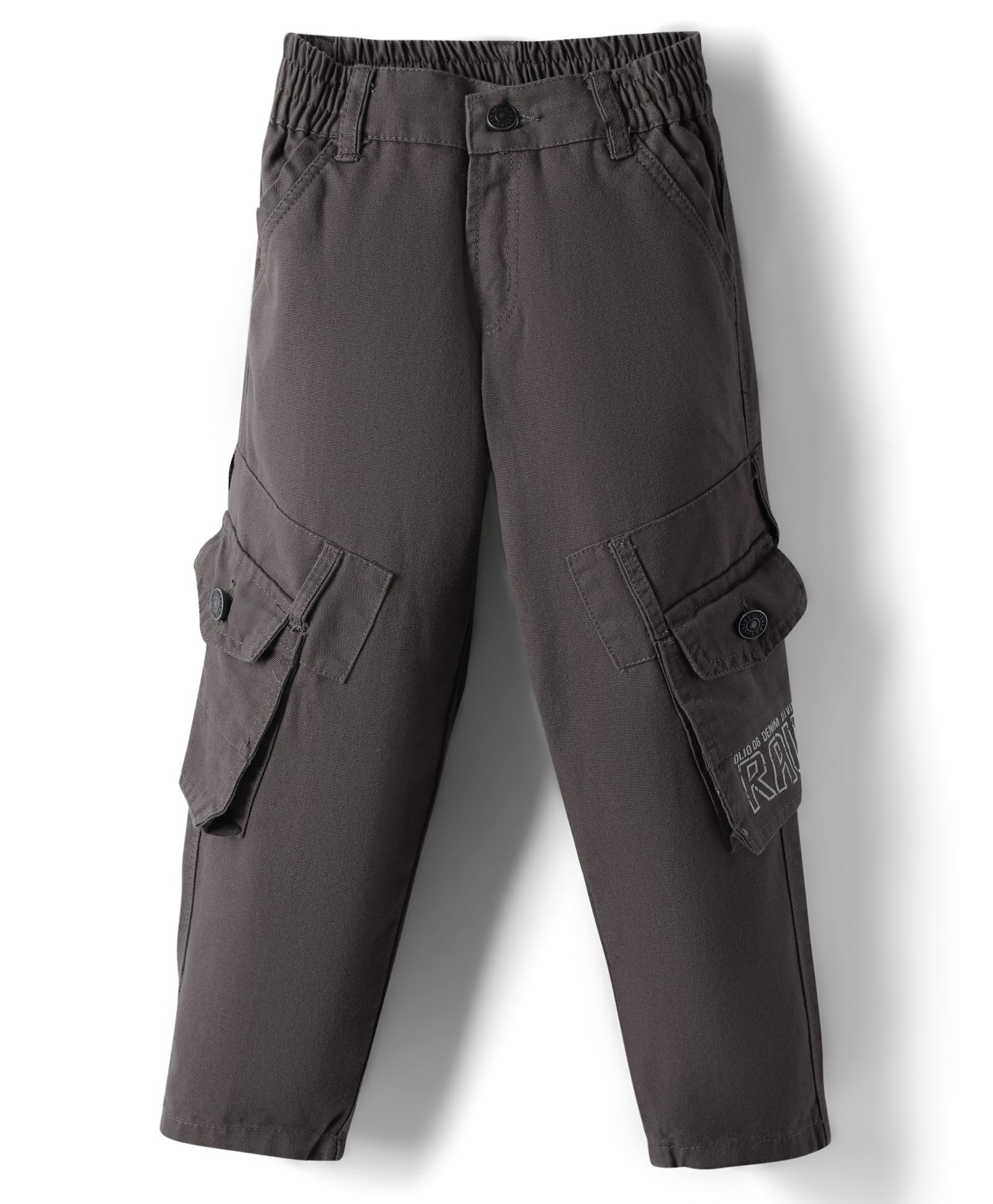 Olio Kids Cotton Woven Full Length Solid Trousers with Back Elastic & Pockets - Charcoal Grey-picture-10