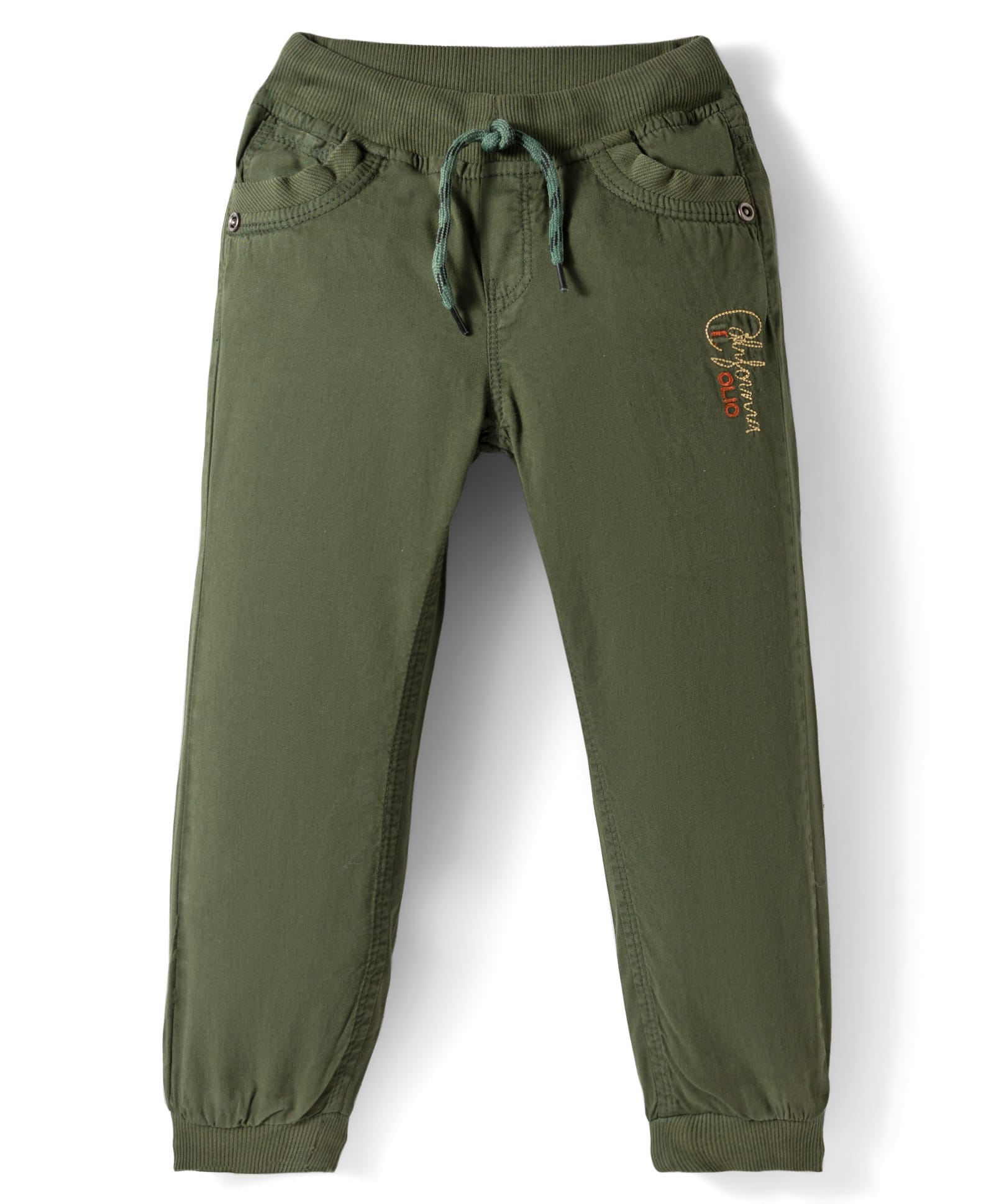Olio Kids Cotton Woven Full Length Solid Color Trouser - Olive Green-picture-20