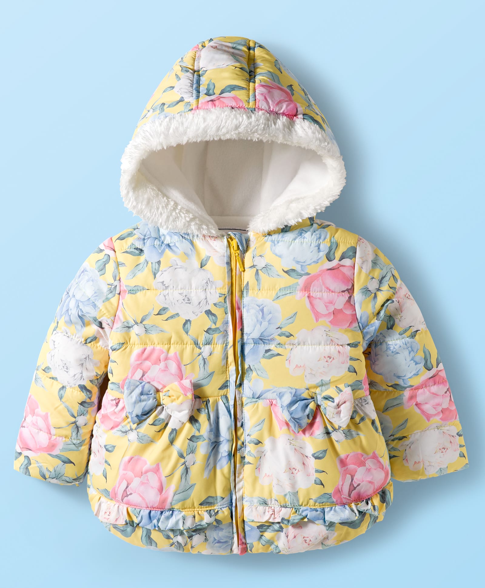 Babyhug Woven Full Sleeves Hoodie with Floral Print & Bow Applique - Pink & Yellow-image-28
