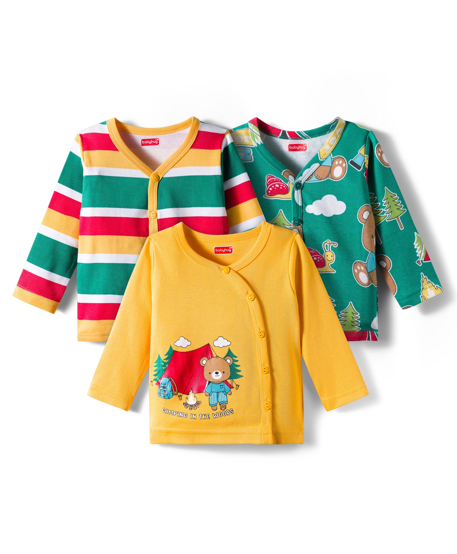 Babyhug 100% Cotton Interlock Knit Full Sleeves Jhablas With Animal Print Pack Of 3 - Yellow & Green-picture-19
