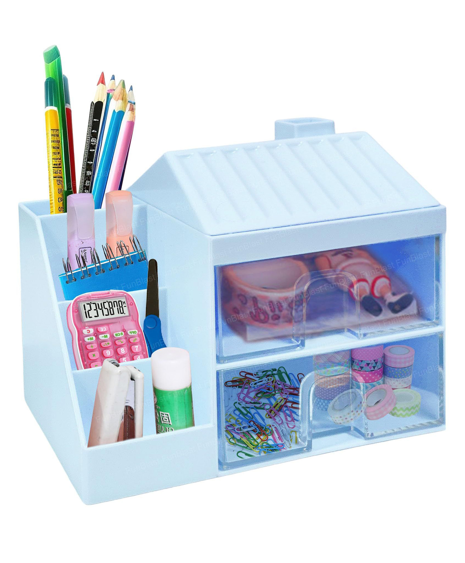 FunBlast Hut Shaped Stationary Holder Stand with Drawer Blue-picture-27