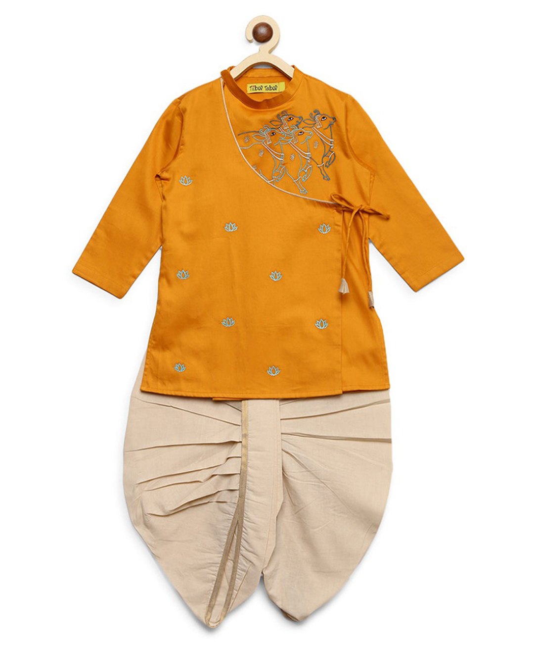 Tiber Taber 100% Cotton Woven Full Sleeves Cows Embroidered Dhoti Kurta Set - Yellow-image-42
