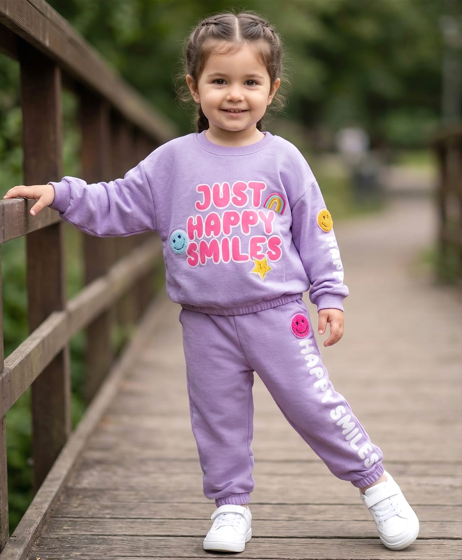 Babyhug Terry Knit Full Sleeves Top & Joggers Set with Just Happy Smiles Text Print - Lavender-image-11