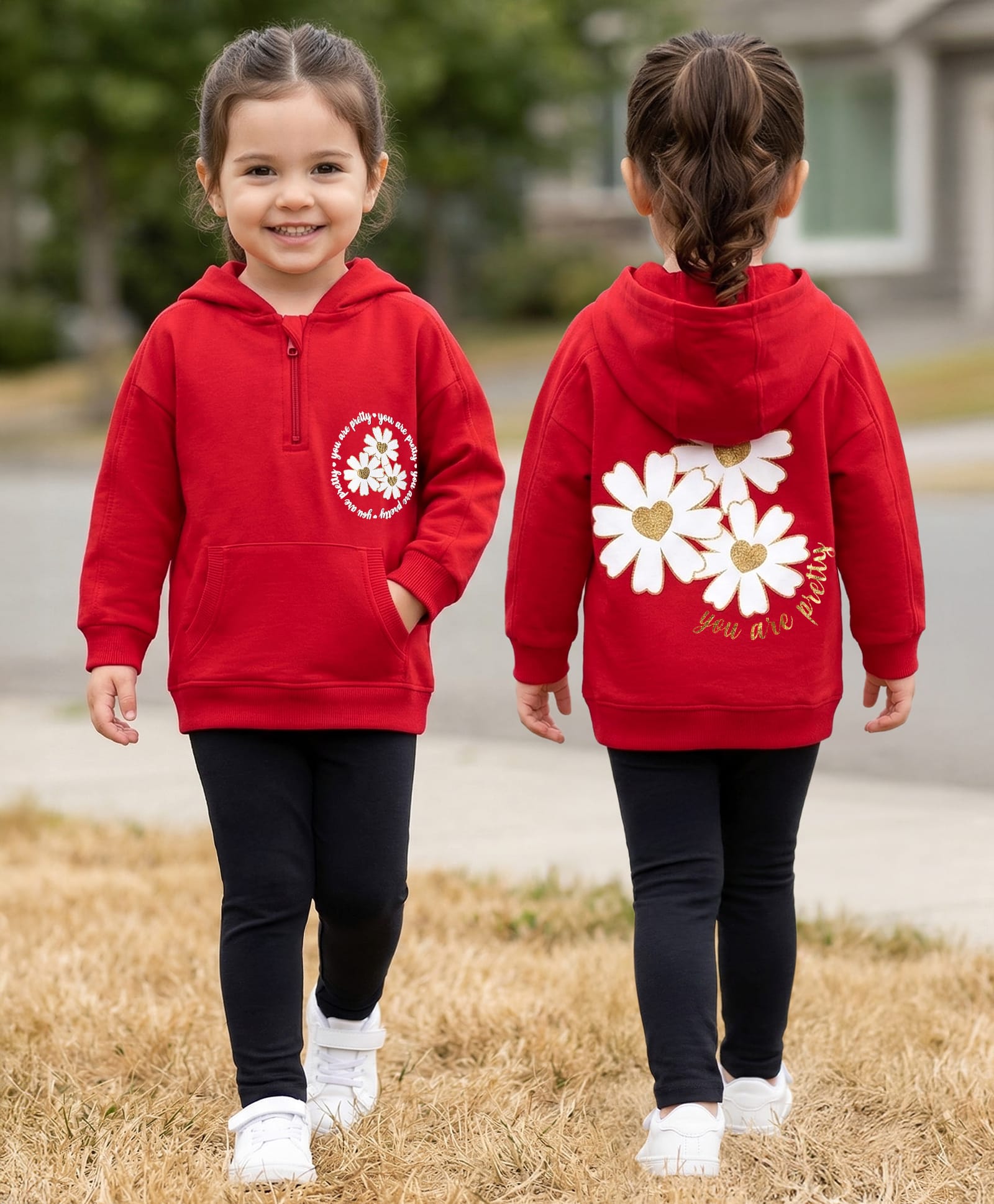 Babyhug Terry Knit Full Sleeves Hooded Top & Leggings Set with Kangaroo Pocket & Floral Print - Red & Black-image-28