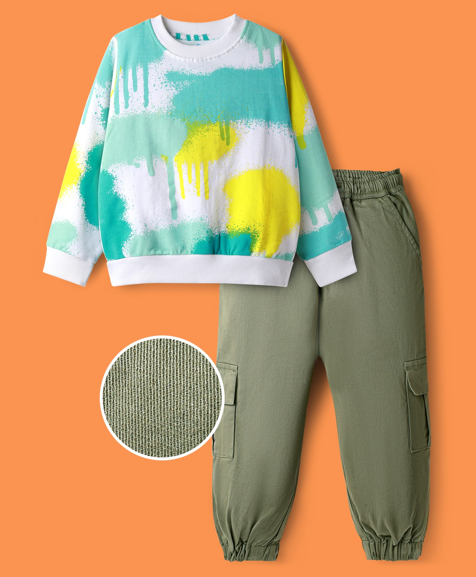 OLLINGTON ST. Cotton Full Sleeves Printed T-Shirt & Twill Joggers Set - Multicolor-picture-23