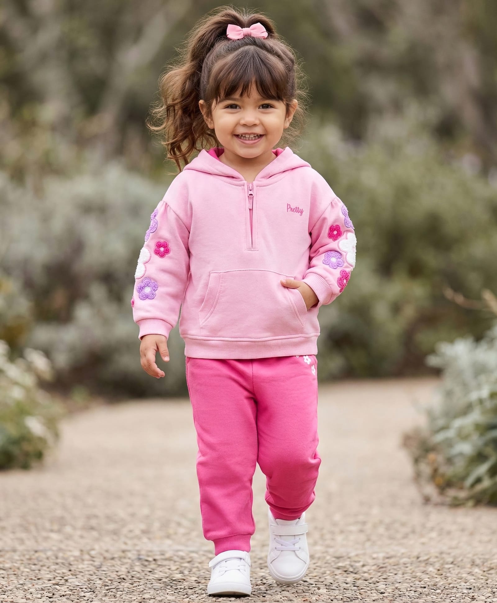 Babyhug Terry Knit Full Sleeves Hooded Top & Lounge Pant Set With Floral Embriodery - Pink-image-14