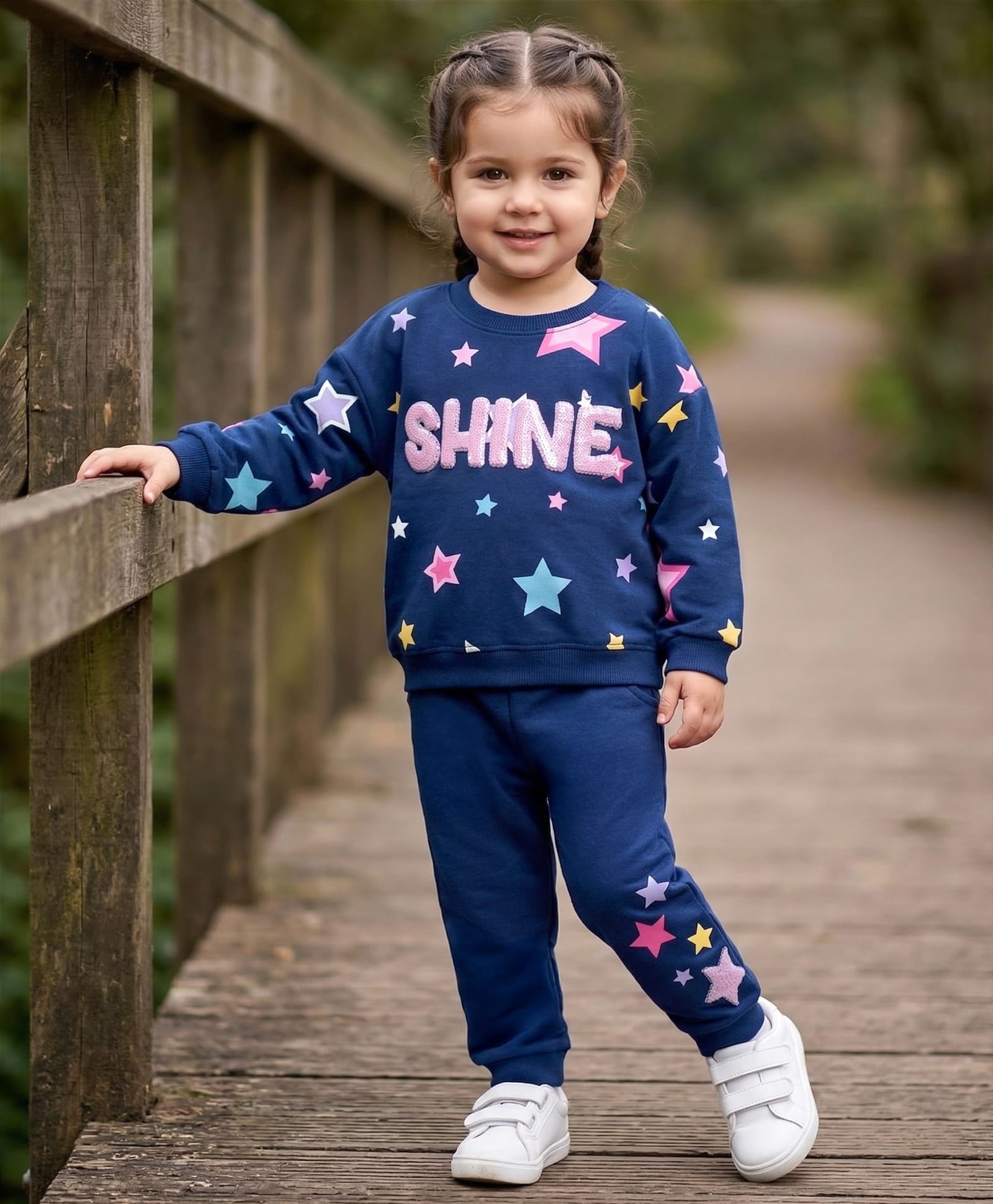 Babyhug Terry Knit Full Sleeves T-Shirt & Lounge Pant Set with Star Print & Reversible Sequin Detailing - Navy Blue-image-9