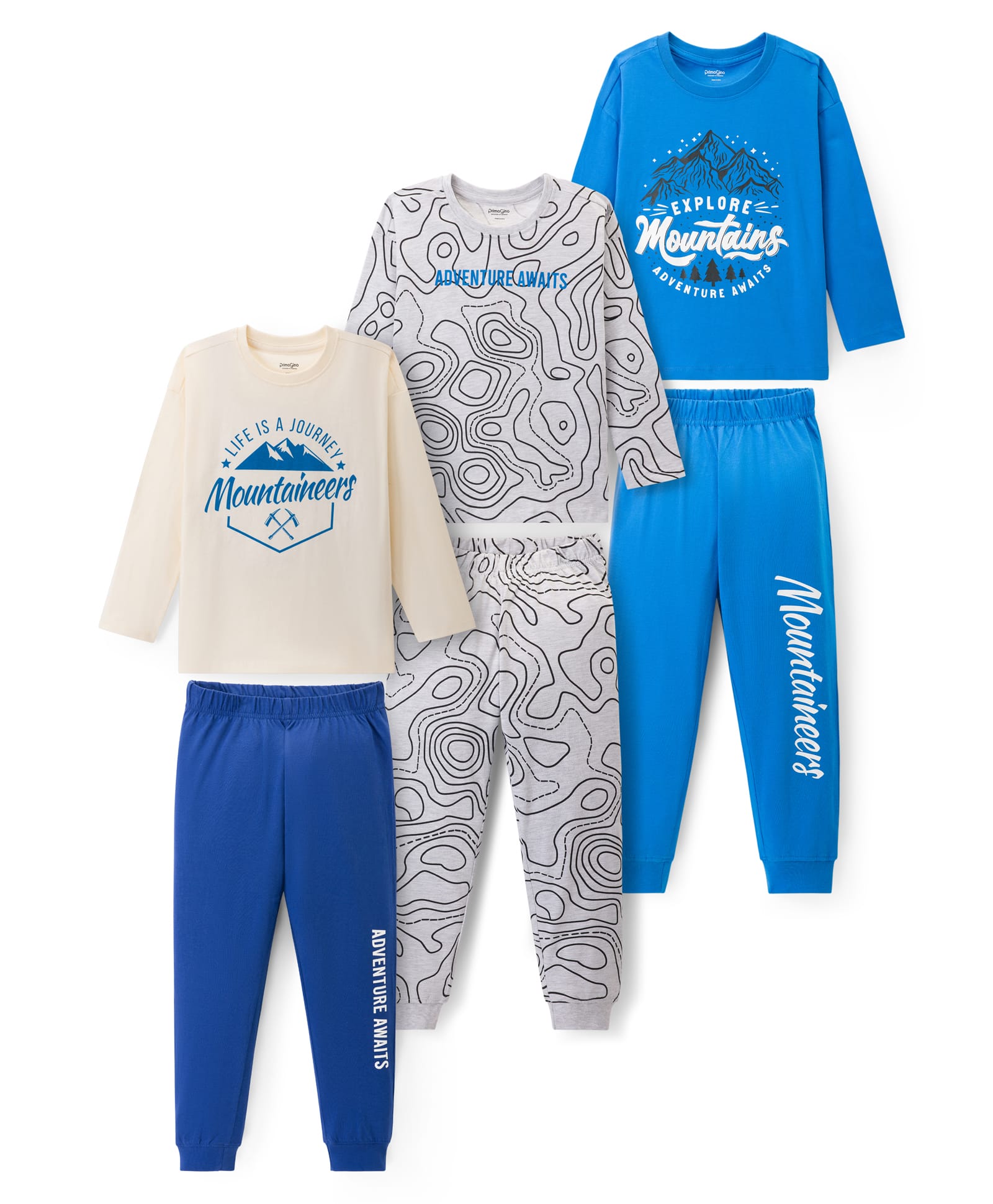 Primo Gino 100% Cotton Knit Full Sleeves Night Suit With Text Print Pack Of 3 - Blue Cream & Grey-image-18