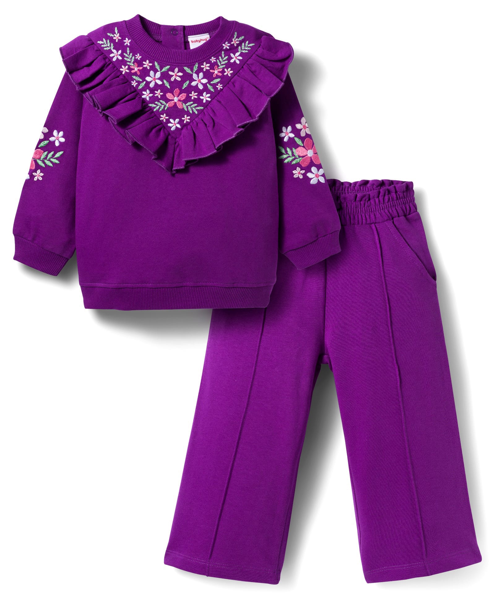 Babyhug Terry Knit Full Sleeves Top & Trouser Set with Floral Embroidery & Frill Detailing - Purple-image-12