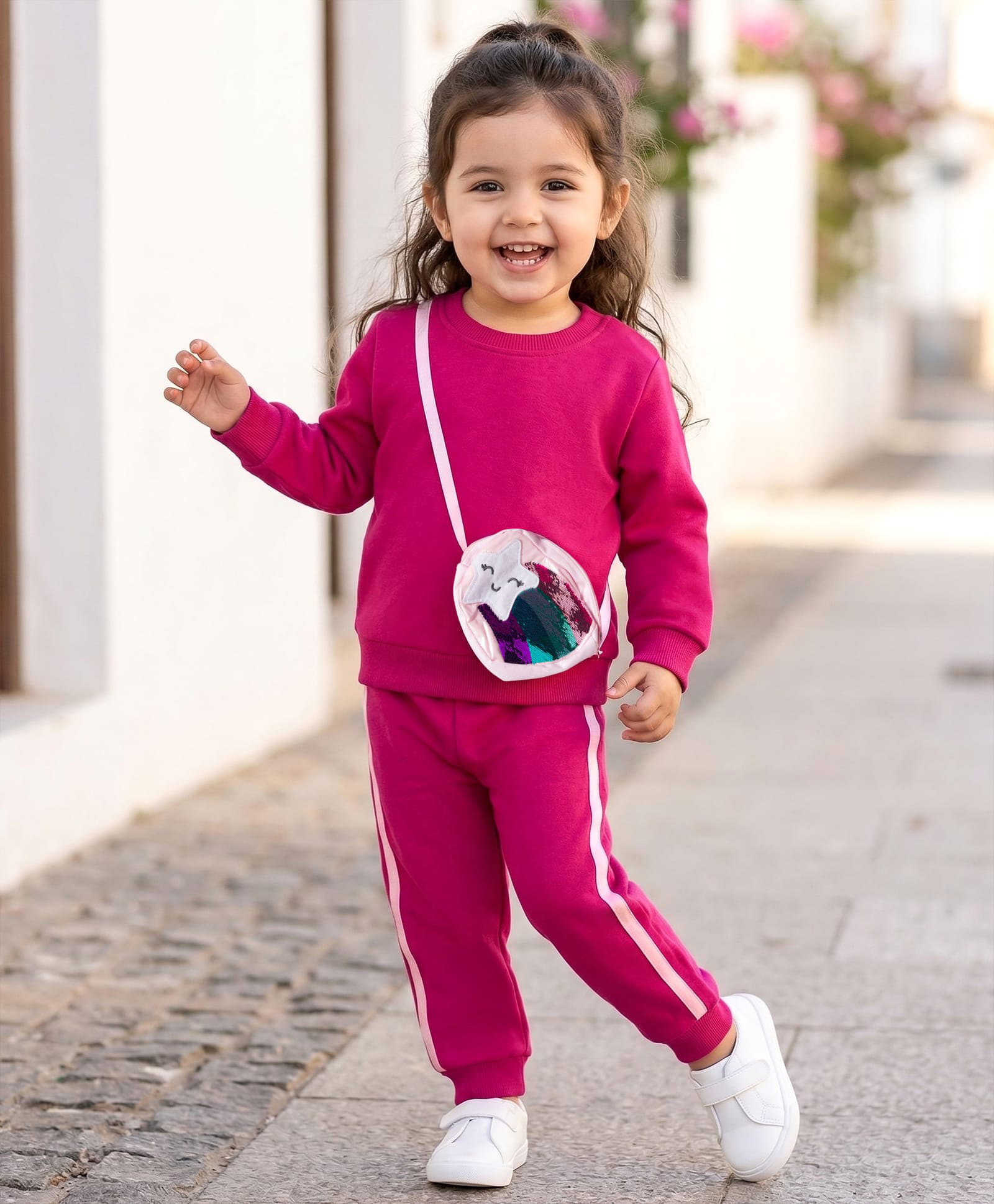 Babyhug Terry Knit Full Sleeves Top & Joggers Set With Attached Sling Bag & Tape Detailing - Pink-image-10